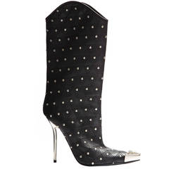 New VERSACE Black Leather Studded Western Stiletto Boot 8