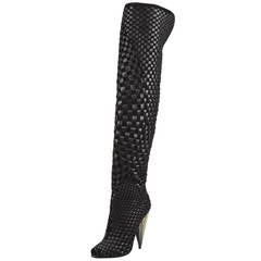 New TOM FORD Black Woven Suede/Leather Over-the-Knee Boot