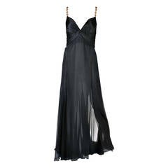 Versace Black Silk Chiffon Gown with Greek Key Straps