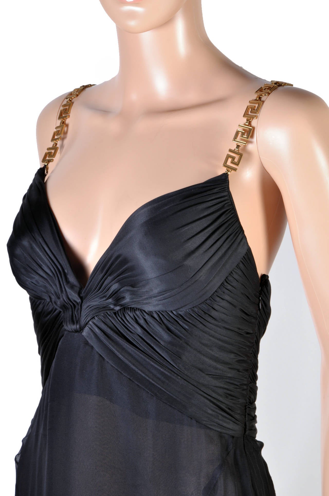 Versace Black Silk Chiffon Gown with Greek Key Straps In New Condition In Montgomery, TX