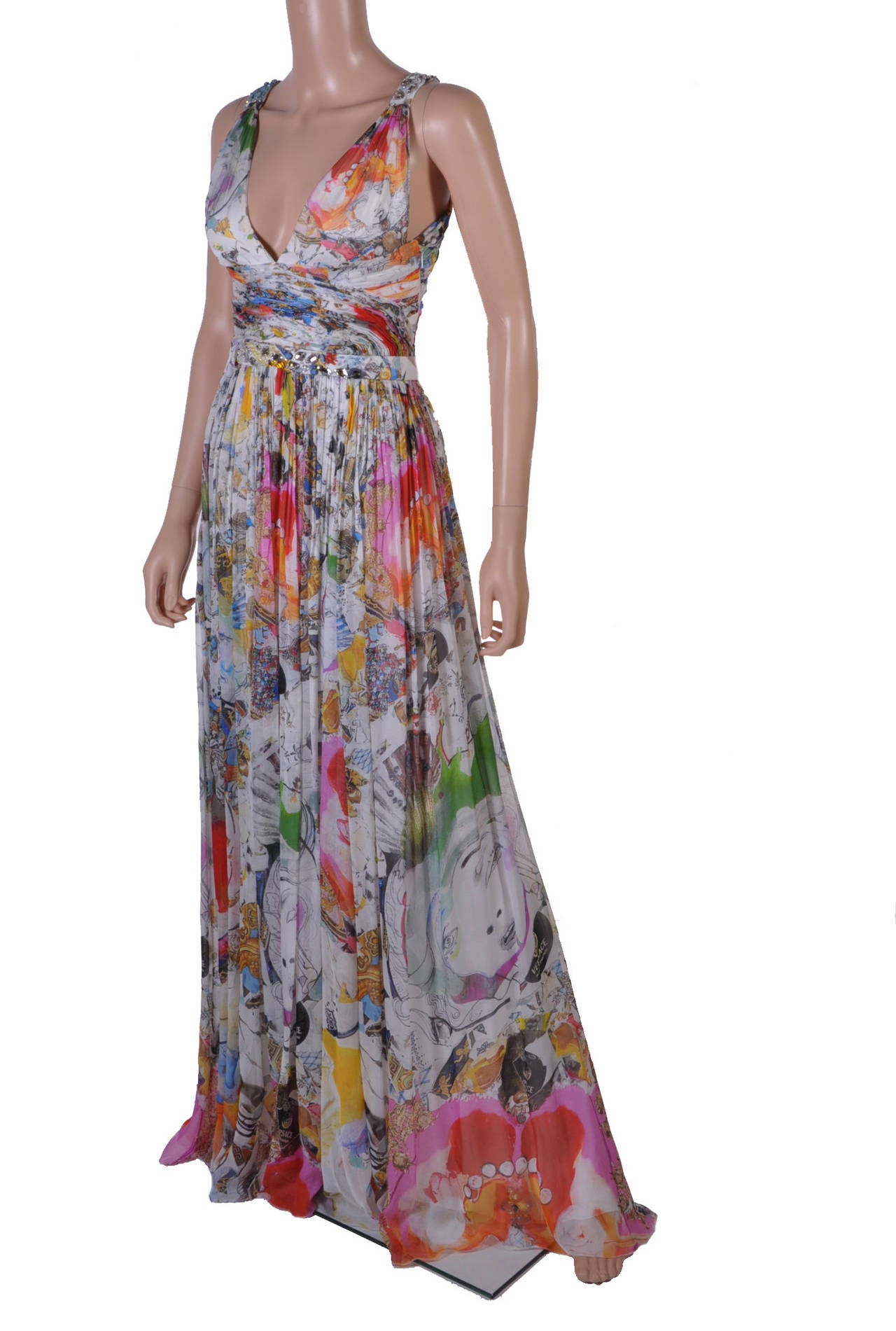 New VERSACE Julie Verhoeven Print Embellished Long Dress In New Condition In Montgomery, TX