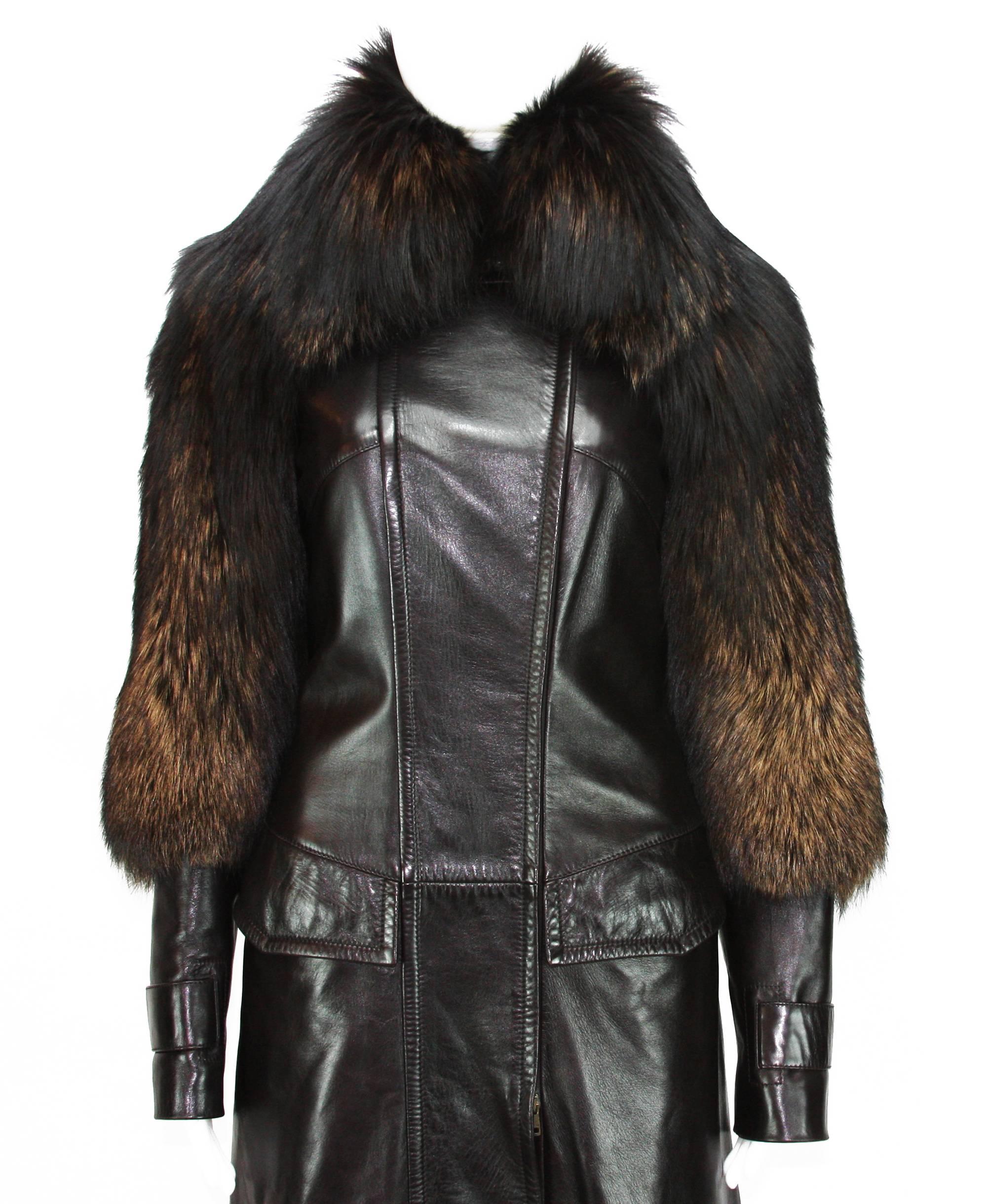TOM FORD for GUCCI F/W 2003 LEATHER COAT w/ FUR  In Excellent Condition In Montgomery, TX