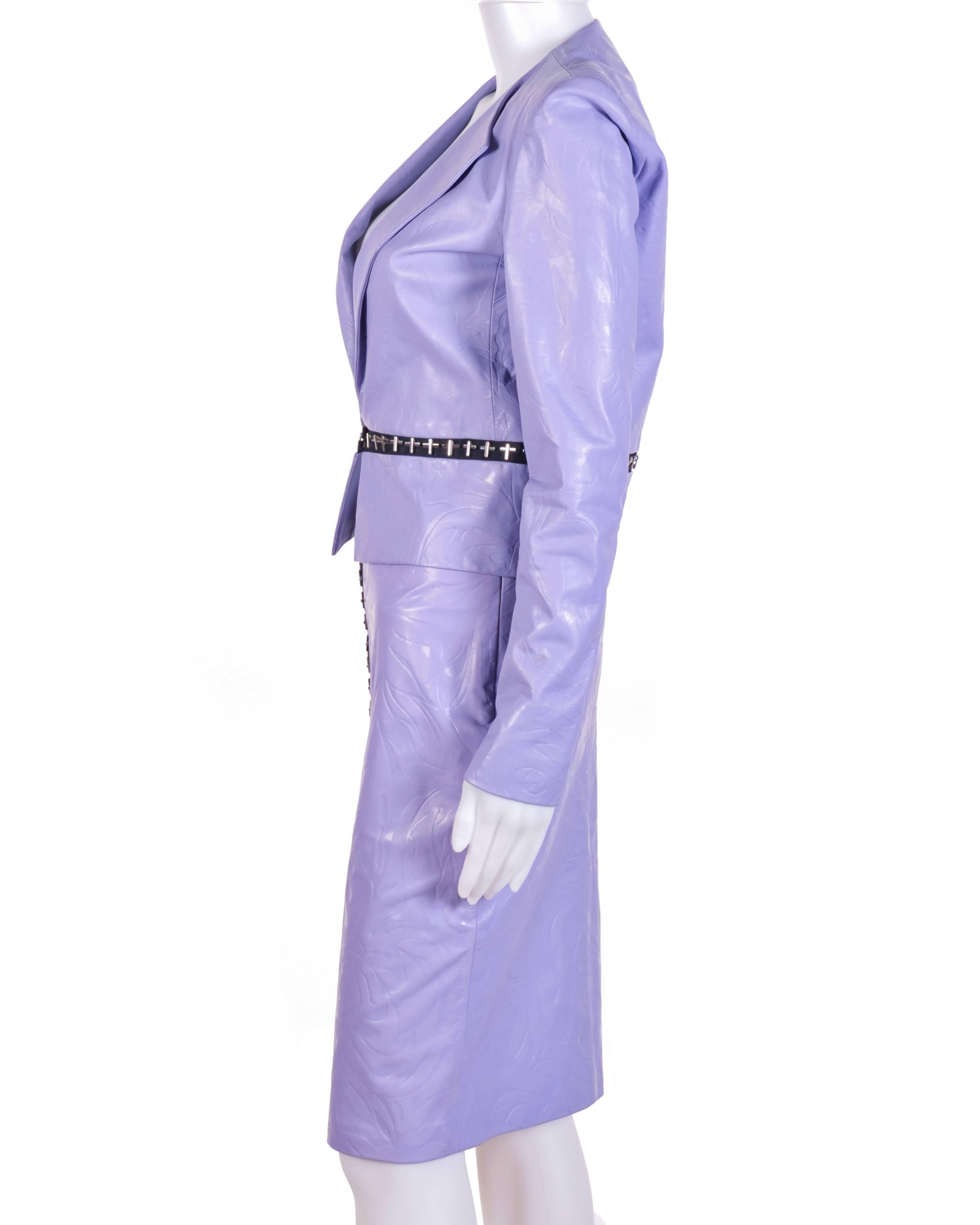 Versace Floral Embossed Lilac Leather Jacket and Skirt In New Condition In Montgomery, TX