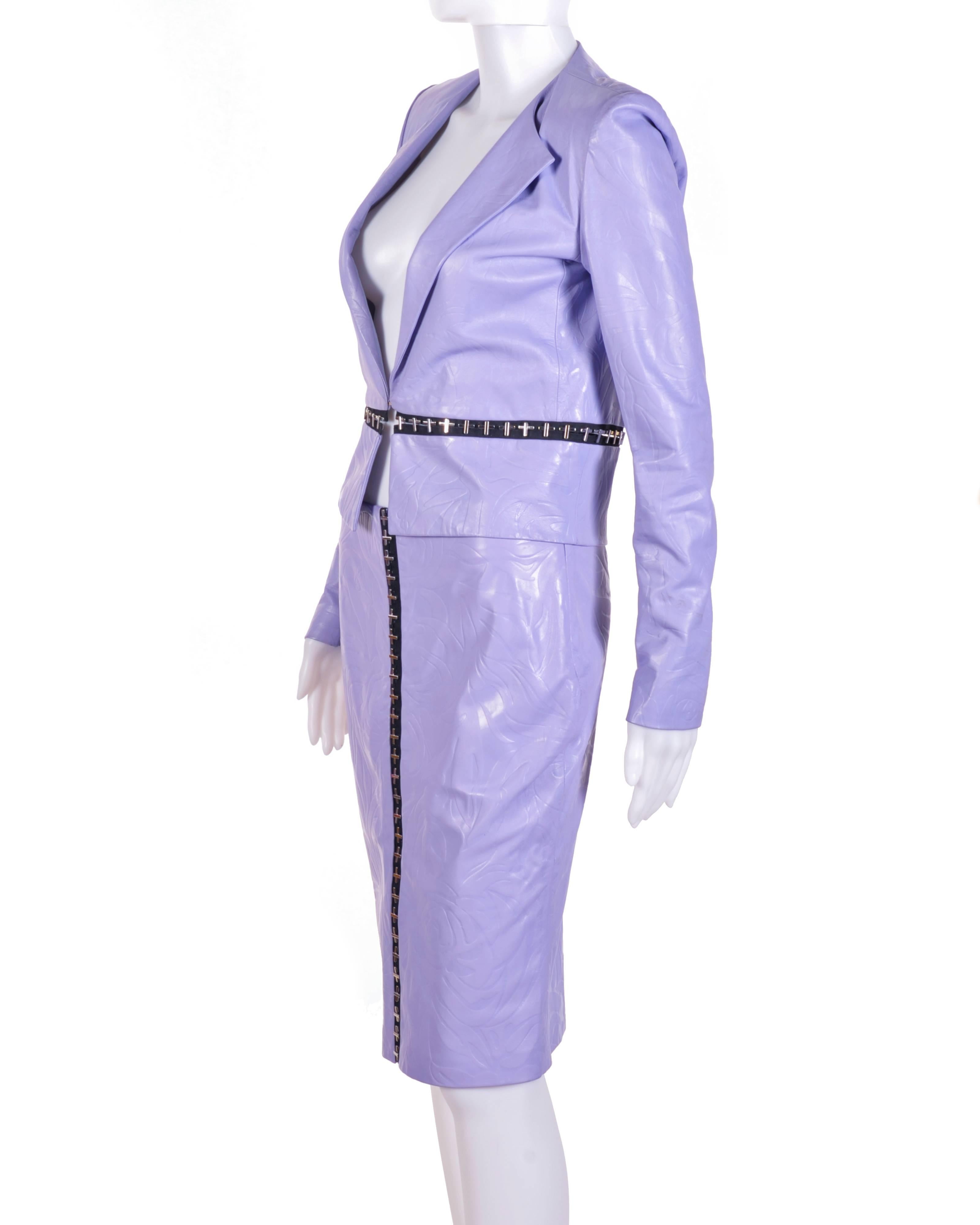 Women's Versace Floral Embossed Lilac Leather Jacket and Skirt
