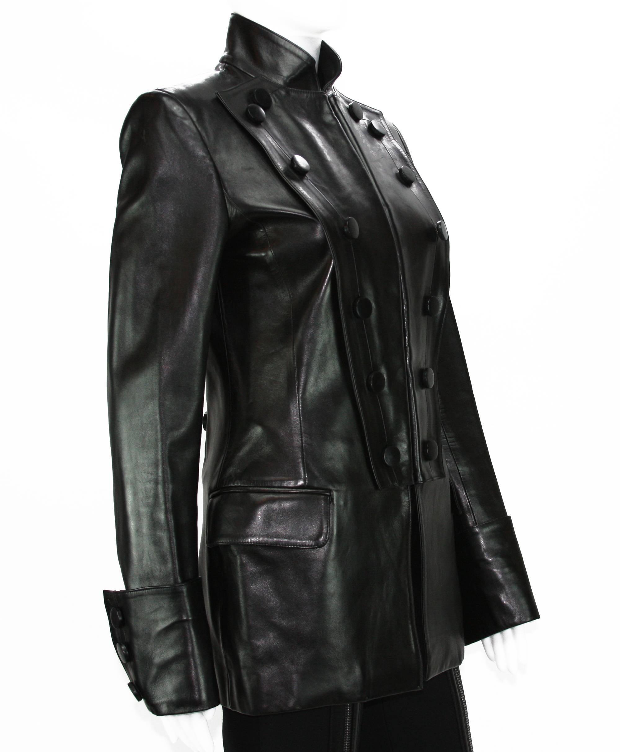 Tom Ford for Yves Saint Laurent

F/W 2001 Collection

Black Leather Military style jacket

Fr. size 38

Measurements flat: Length - 28.5 inches, Shoulder - 17