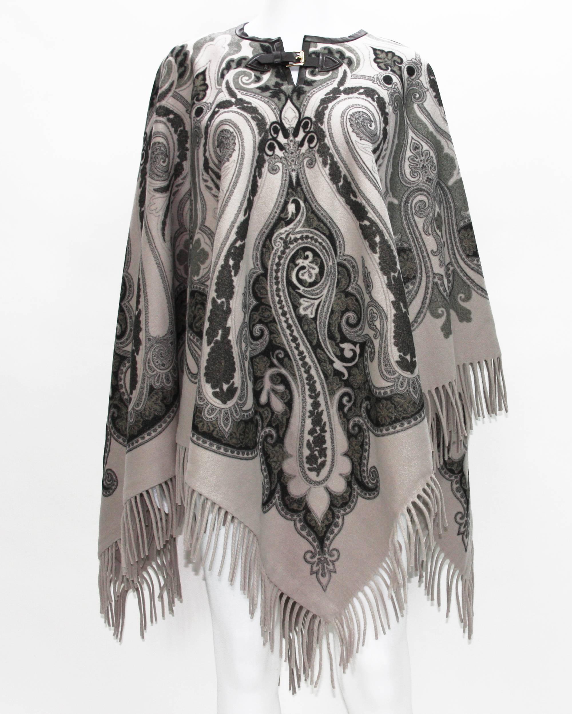 Gray New Etro Wool Poncho Cape with Leather Trim