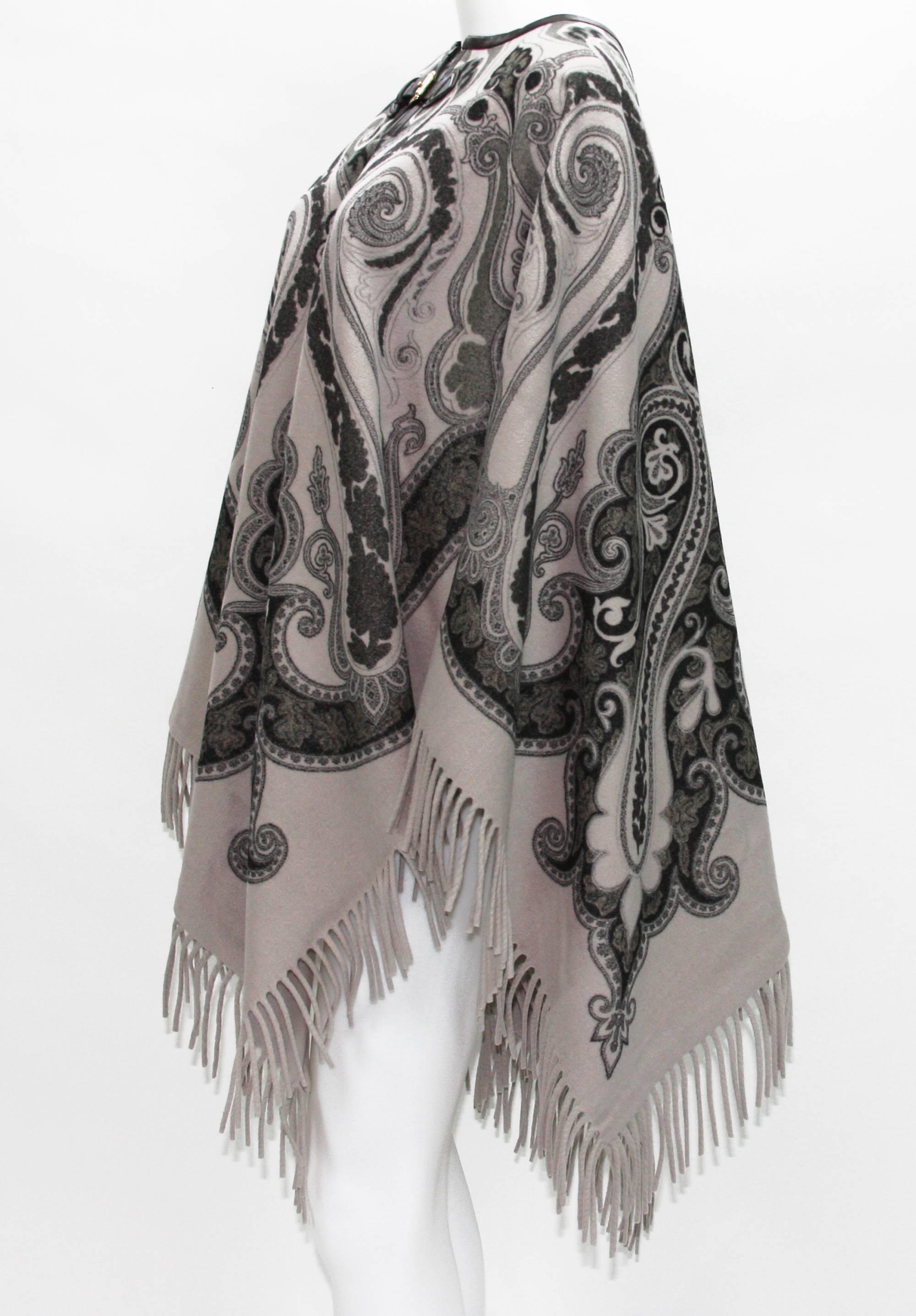 Women's New Etro Wool Poncho Cape with Leather Trim