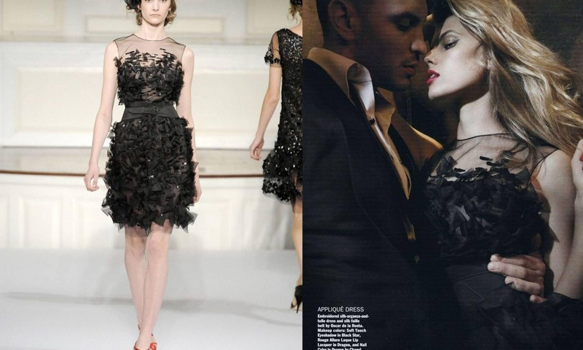 Oscar De La Renta -- black silk organza and tulle dress with 3D embellishments cocktail dress. The dress has  incredible detailing and super flattering feminine silhouette.  The dress is covered in hand-made, raw-edged 3D appliques. Each detail is