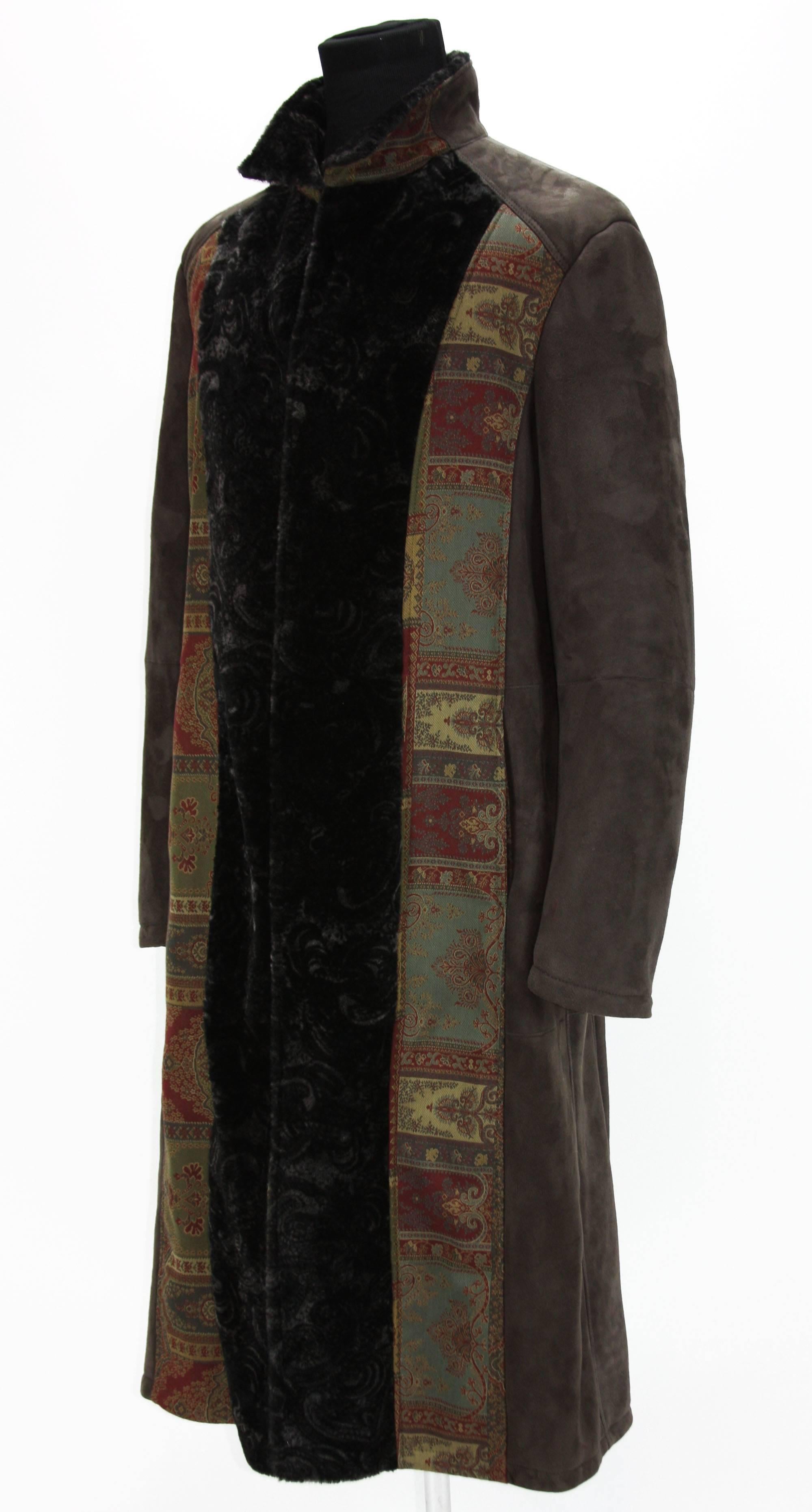 New ETRO Very UNIQUE Shearling MEN'S Coat
Italian Size 54 – US 44
Colors – CHARCOAL GRAY, BLACK
Tapestry – BRICK RED, GREEN, YELLOW
Black LAMB Inside & at Front has Special Cut Design
100% LAMB – ORIGIN SPAIN
Adorned with TAPESTRY – 75%