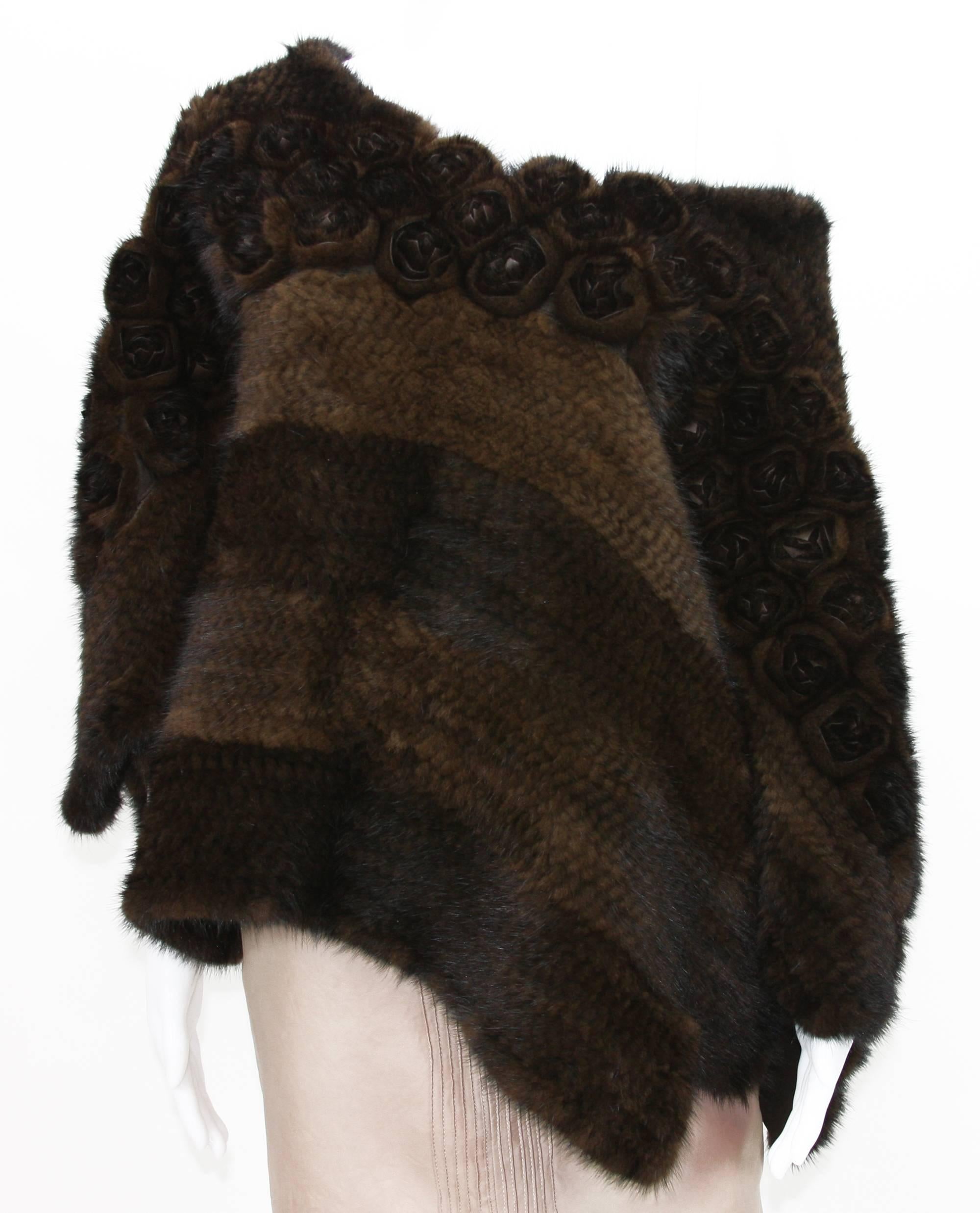 New Etro Knitted Mink Poncho Cape with Leather Mink Roses 1