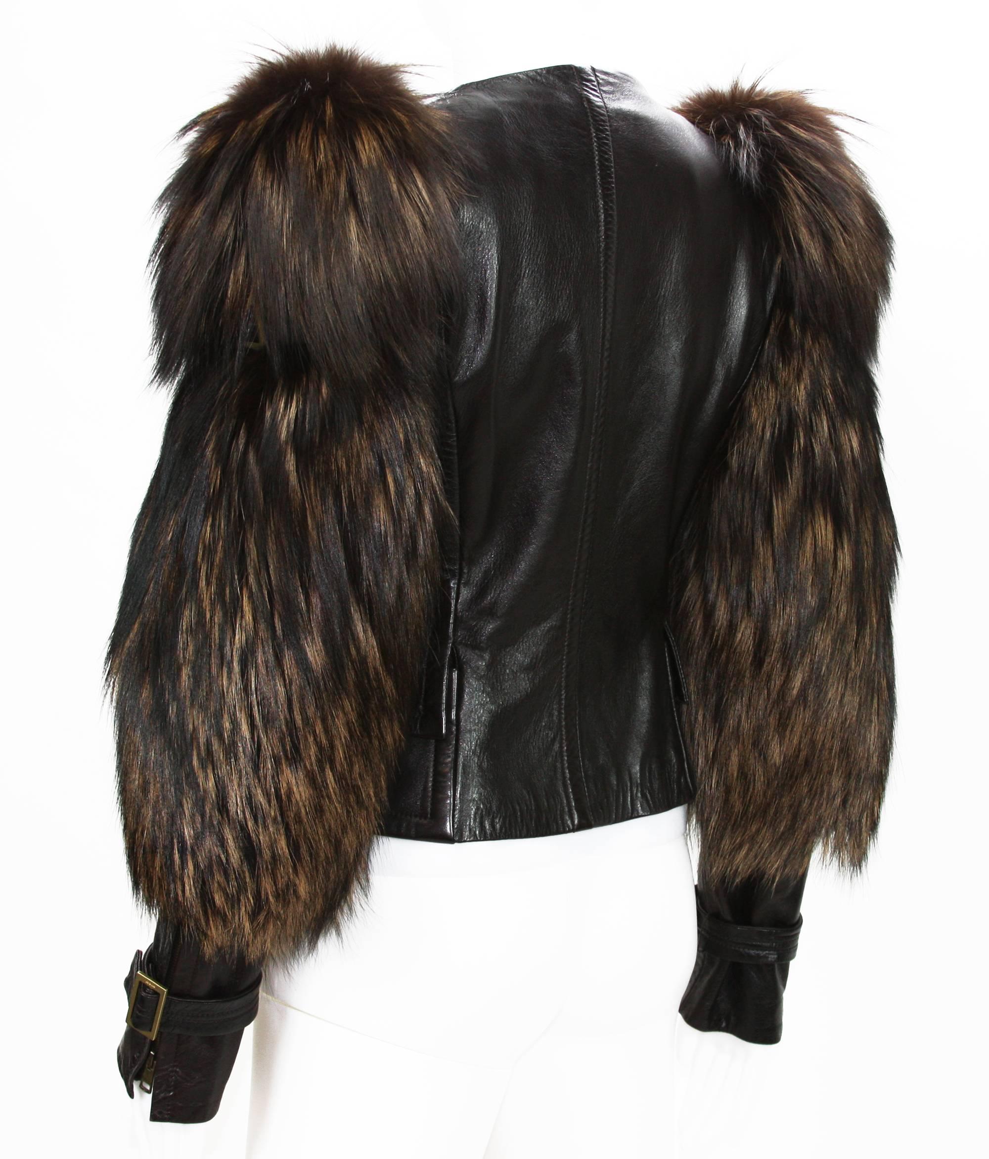 Black Tom Ford for Gucci Fall 2003 Fox Fur Leather Brown Jacket 38