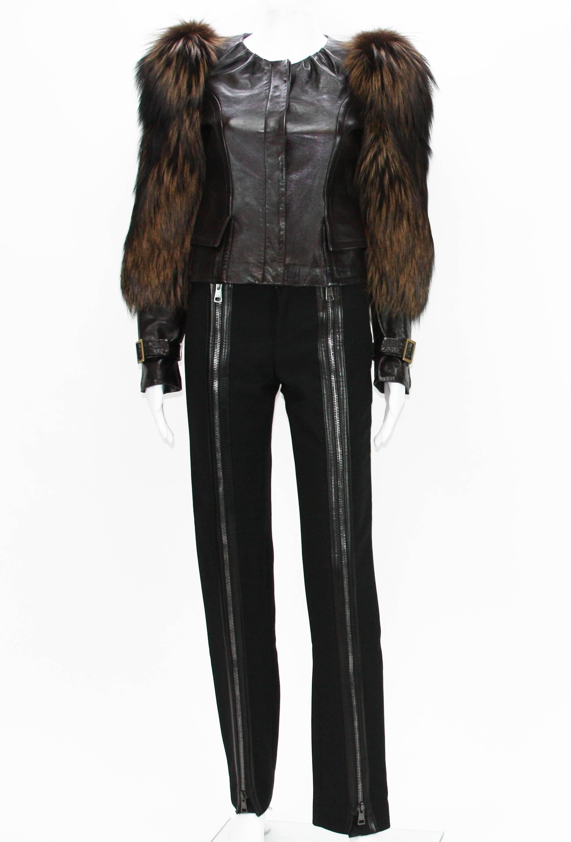 Women's Tom Ford for Gucci Fall 2003 Fox Fur Leather Brown Jacket 38