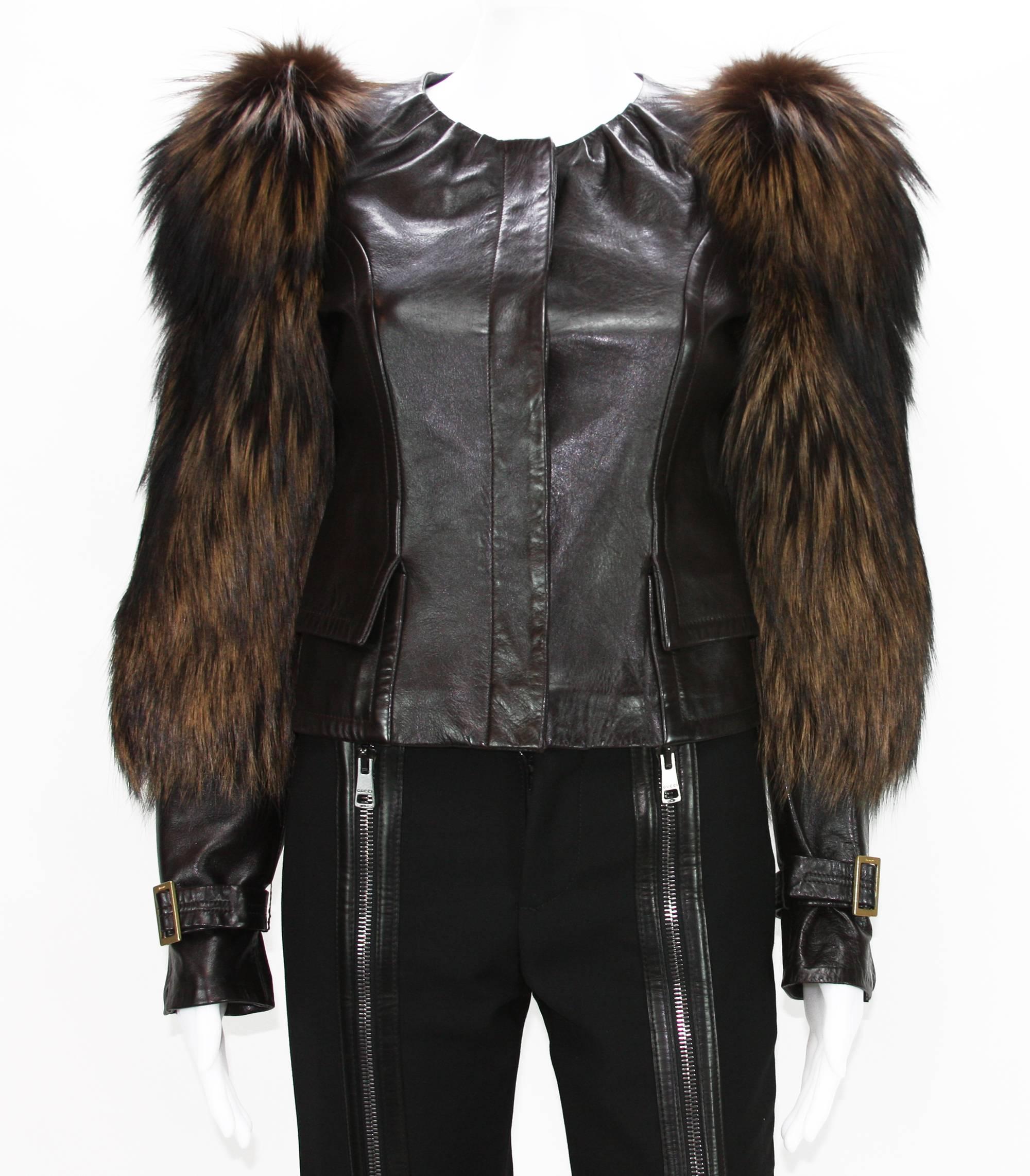 Tom Ford for Gucci Fall 2003 Fox Fur Leather Brown Jacket 38 2