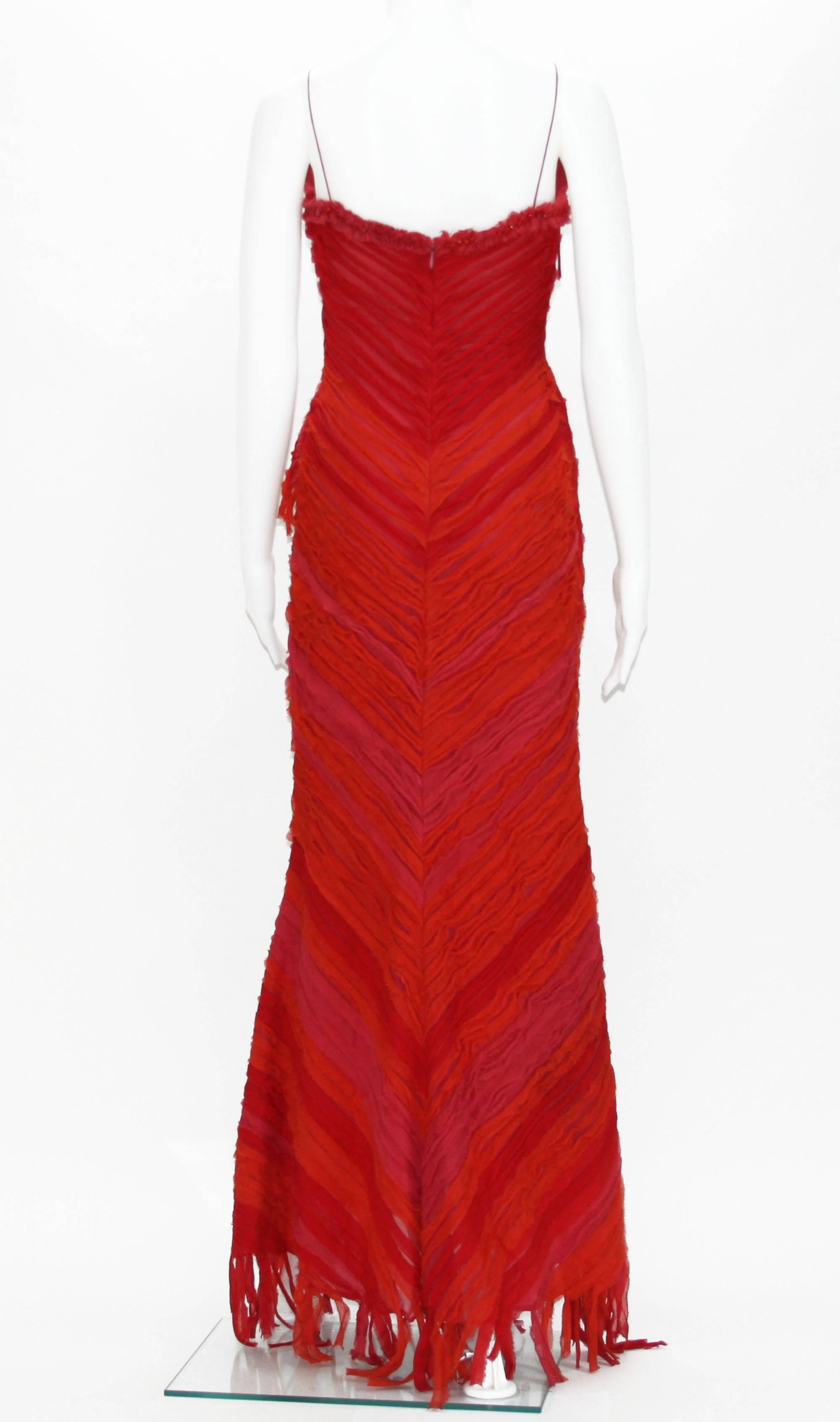 Naeem Khan Red Silk Coral Embellished Fringe Long Dress 6 In Good Condition In Montgomery, TX