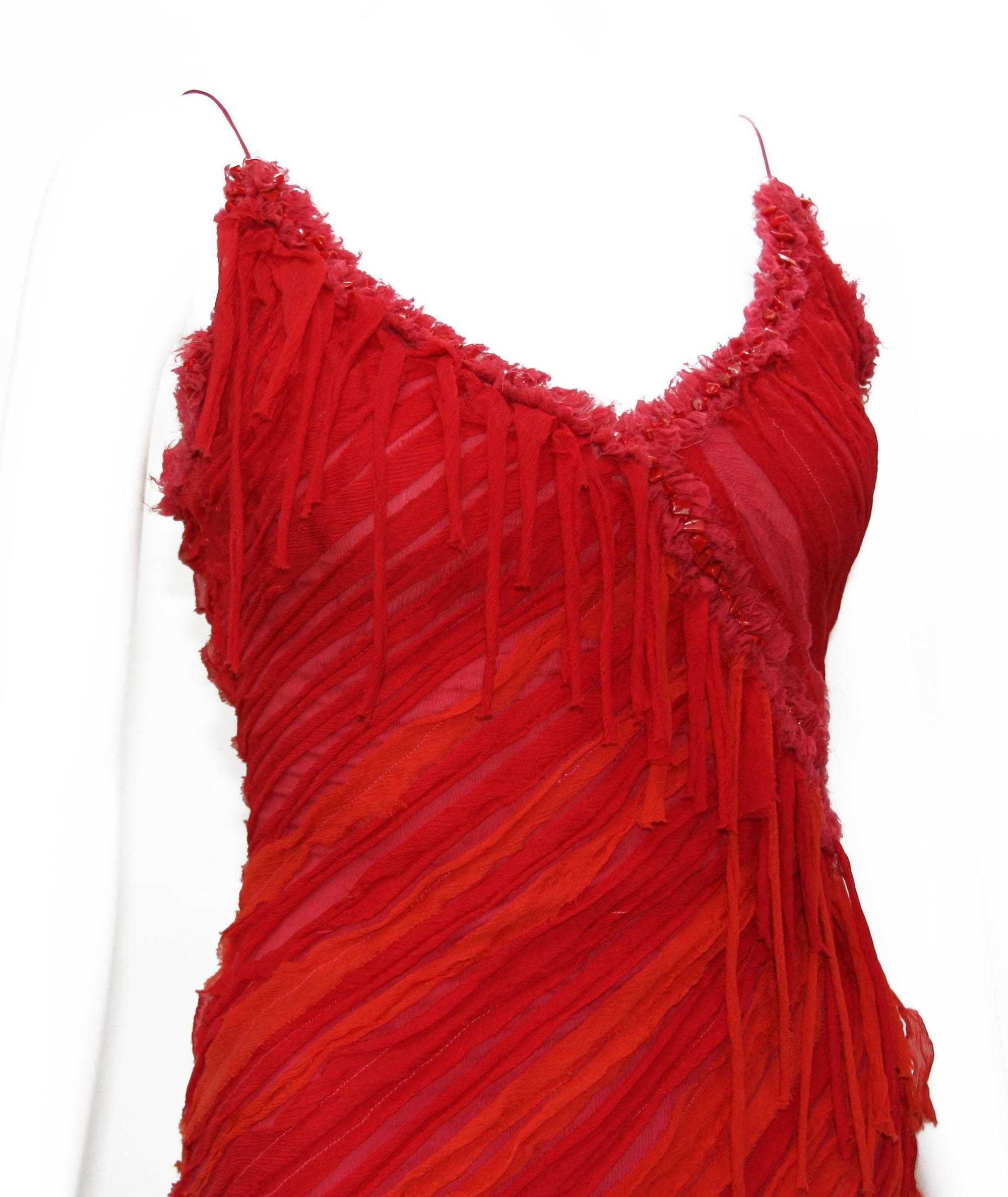 Women's Naeem Khan Red Silk Coral Embellished Fringe Long Dress 6