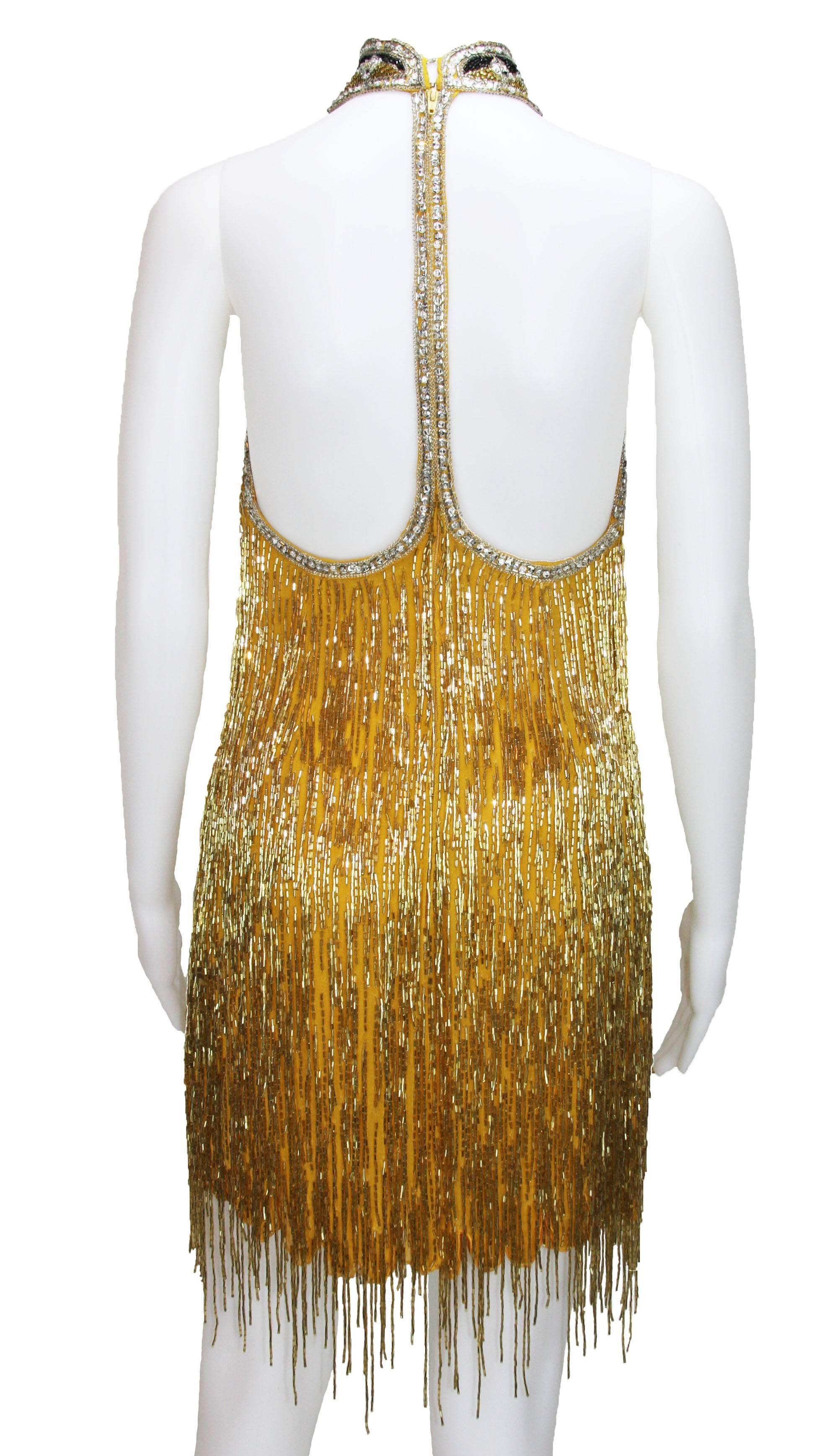 80-s Rare Bob Mackie Gold Beaded Fringe Dress In Excellent Condition In Montgomery, TX