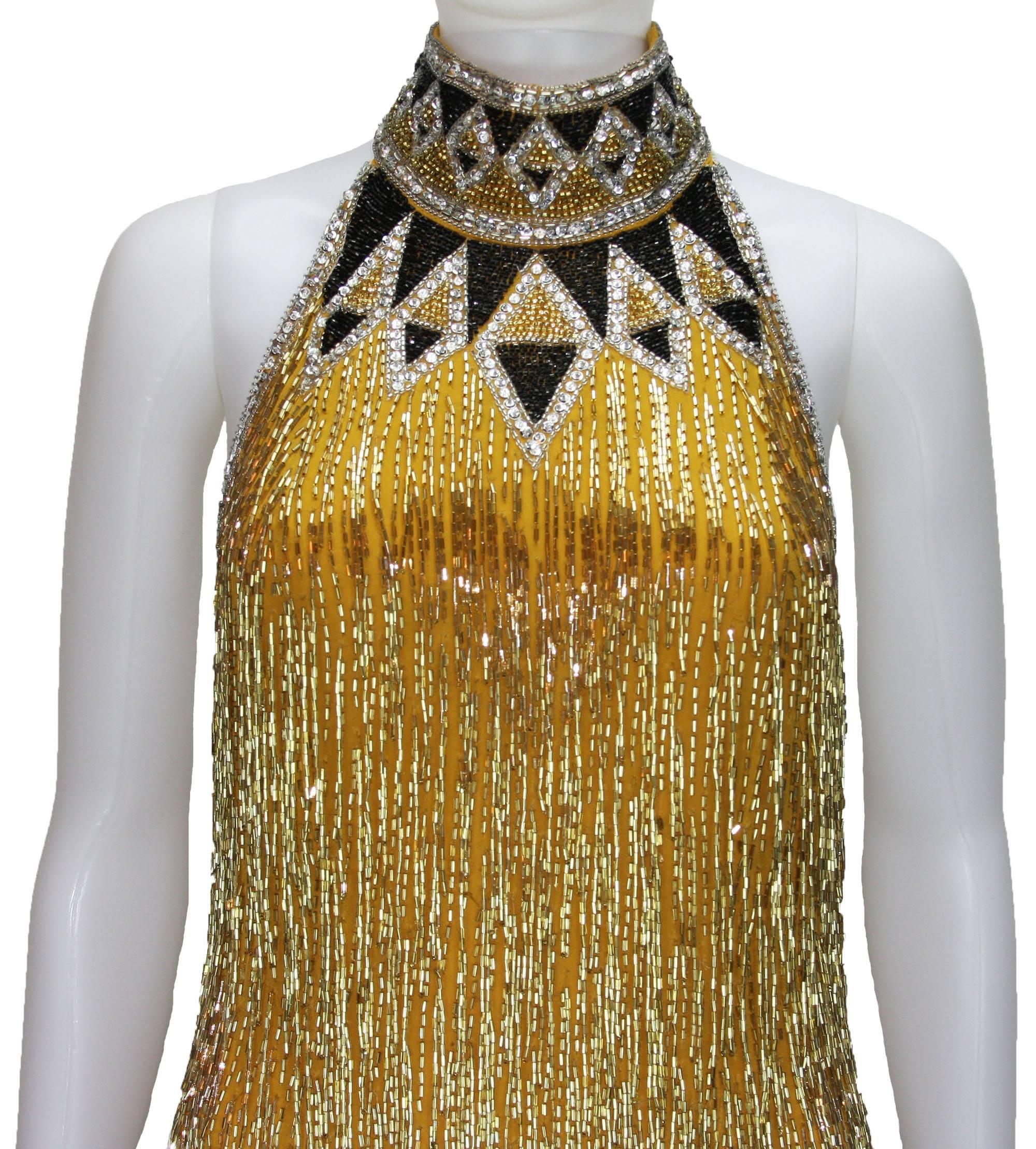 Brown 80-s Rare Bob Mackie Gold Beaded Fringe Dress