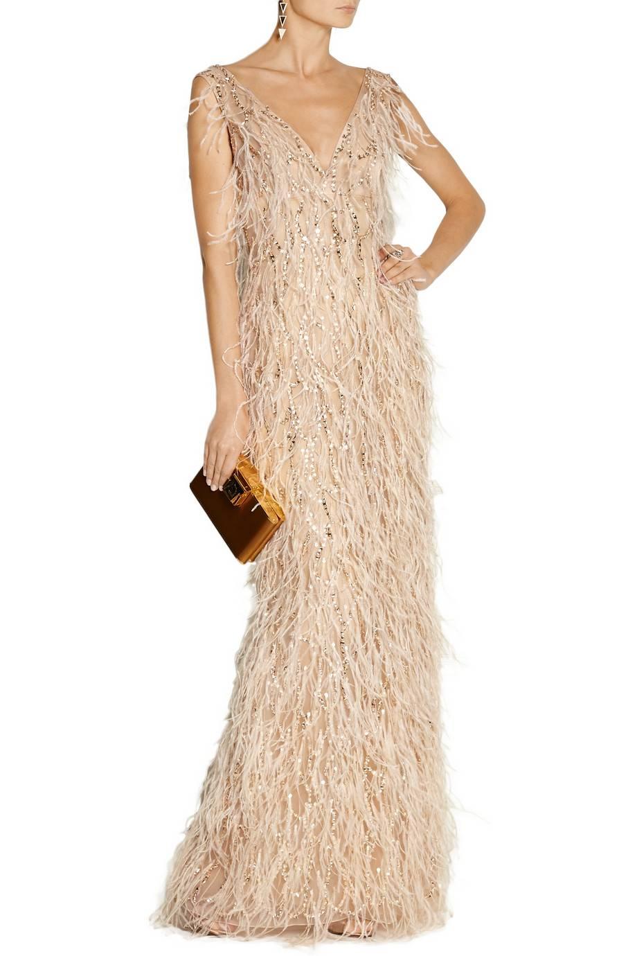 Beige New Oscar De La Renta Feather and Crystal-Embellished Tulle Gown 