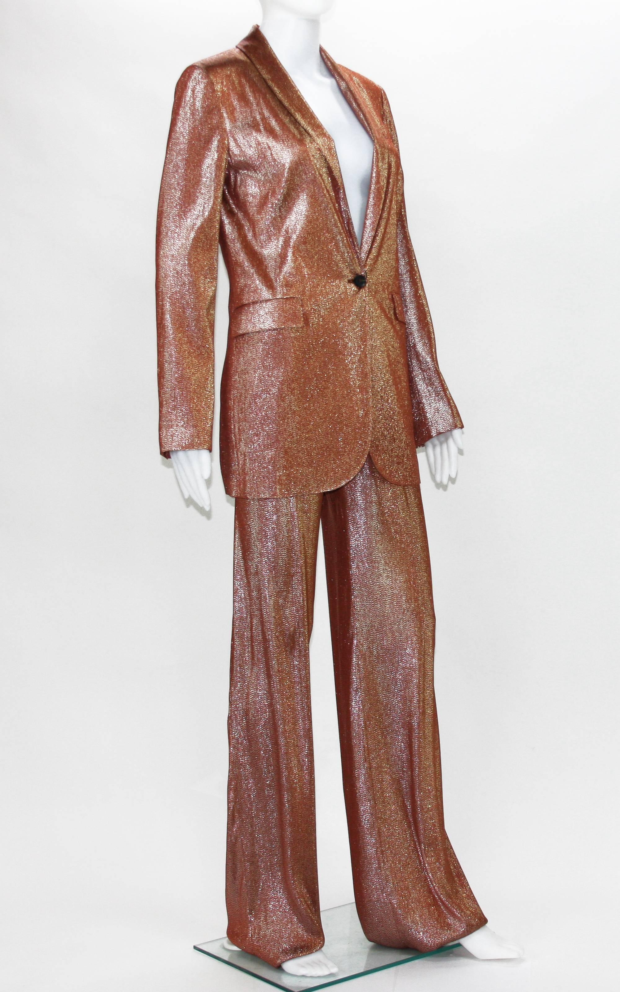 New Runway GUCCI Suit Iridescent Rust Liquid Lame Jacket & Pants sizes 38 and 40 1