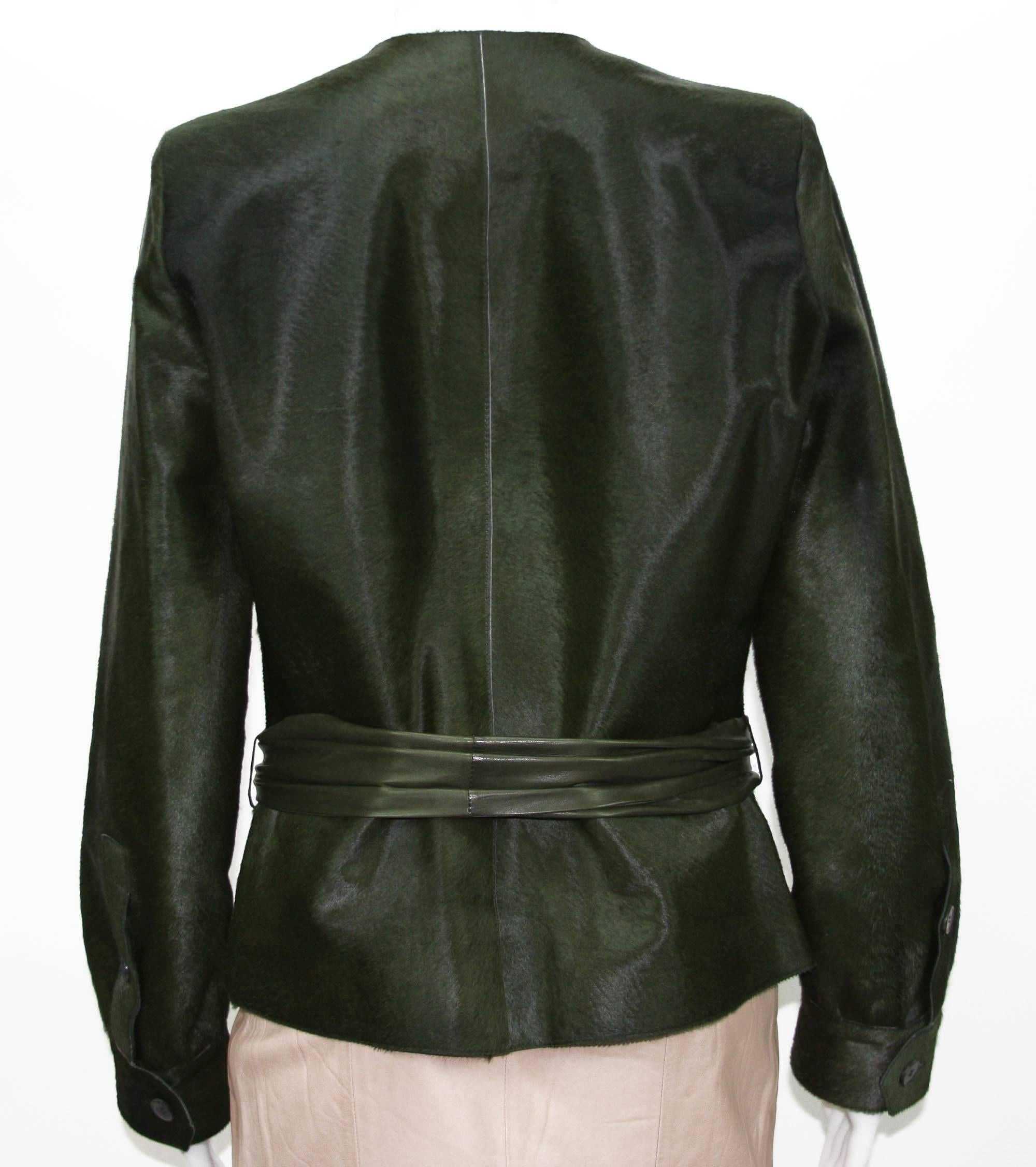 Yves Saint Laurent Calf Hair Green Leather Jacket with Belt Fr.44 In Excellent Condition In Montgomery, TX