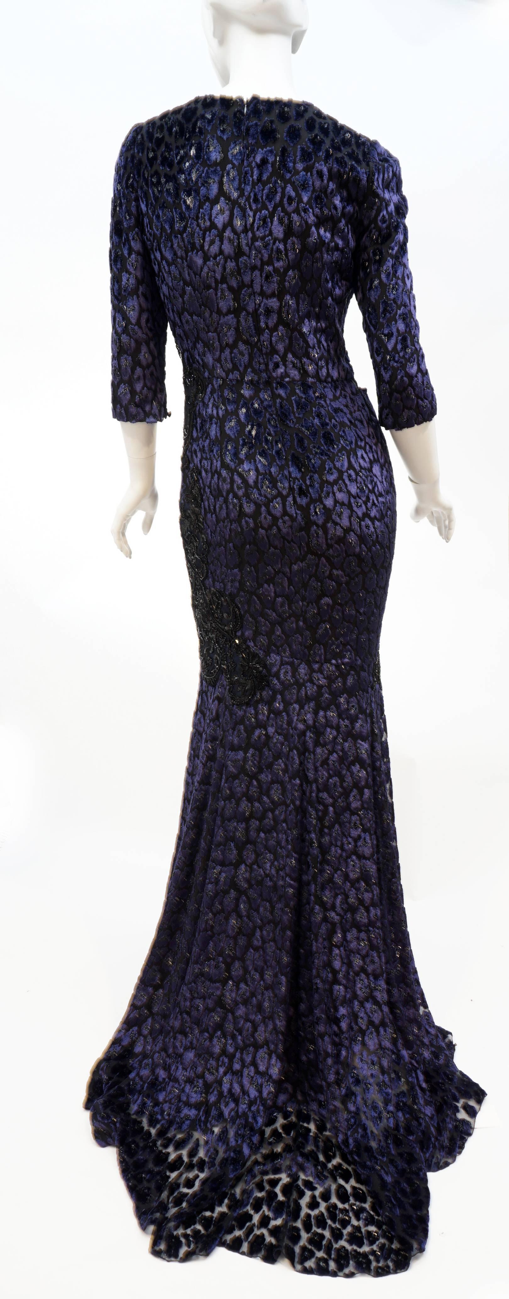 Andrew Gn embellished midnight blue leopard print devore velvet dress Fr 38 - 6 In Excellent Condition In Montgomery, TX