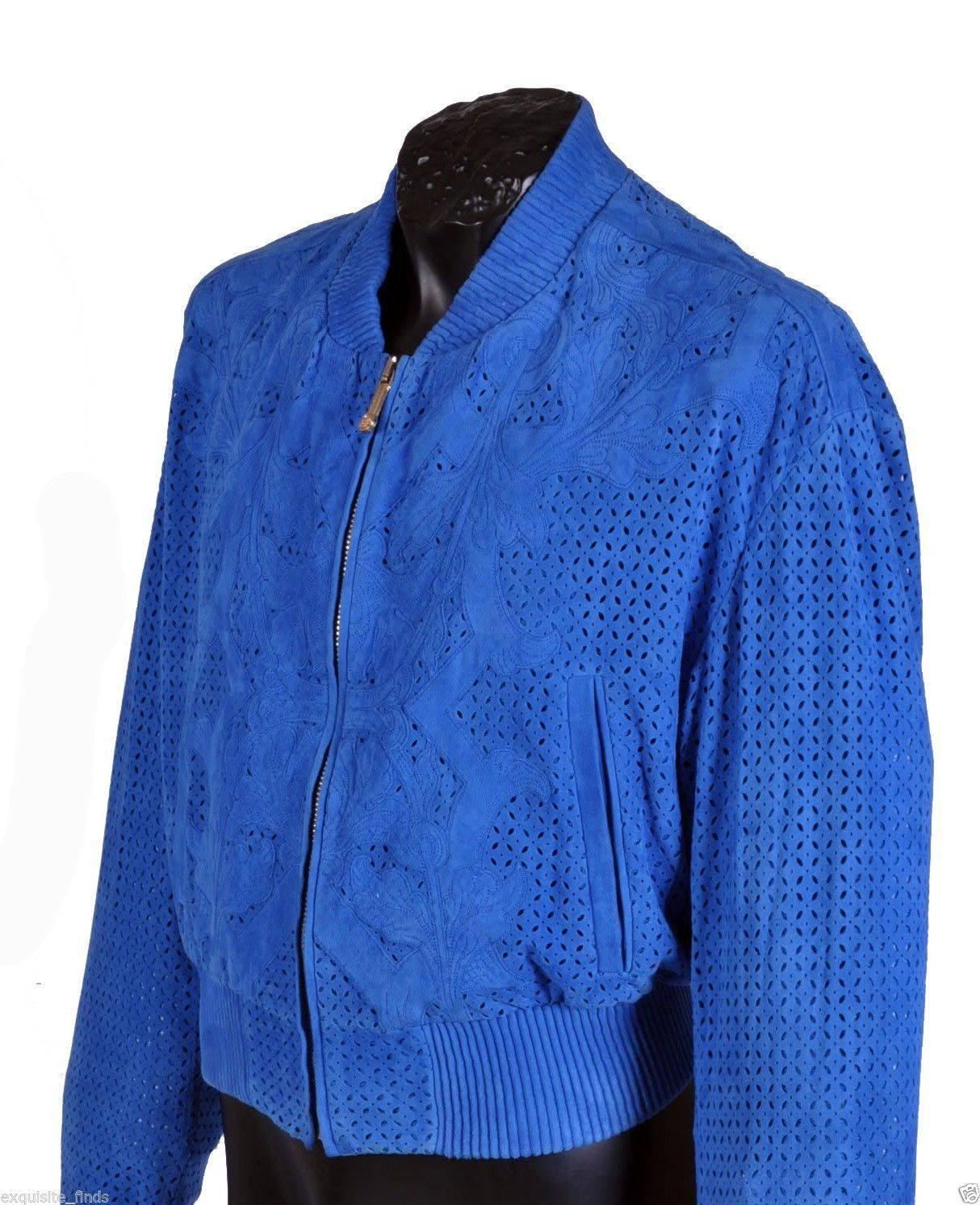 Blue  VERSACE LASER CUT SUEDE LEATHER with BAROCCO APPLIQUE JACKET 