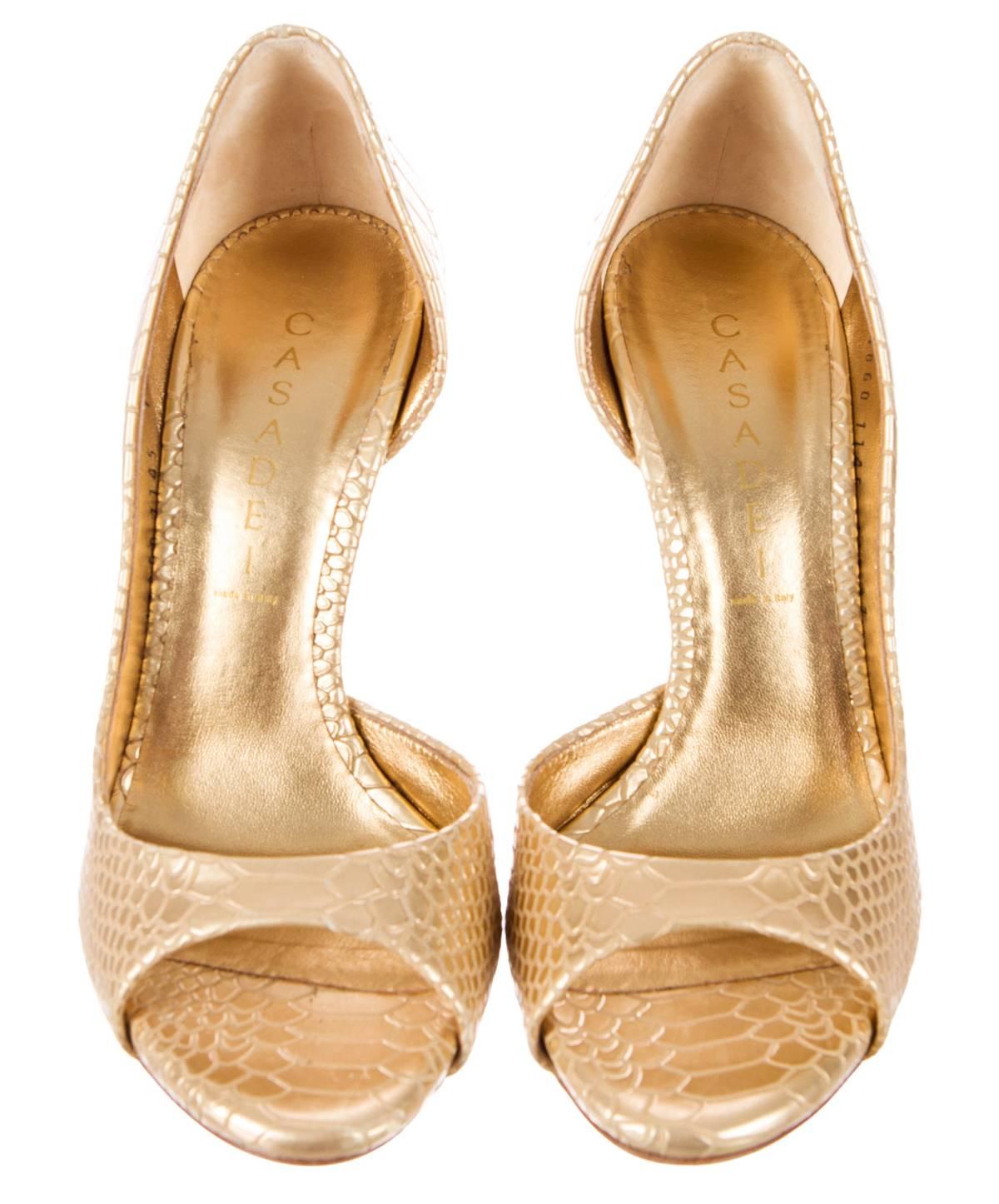 New Casadei Snake Embossed Gold D'Orsay Pumps Spike Heel Shoes size 7 In New Condition In Montgomery, TX