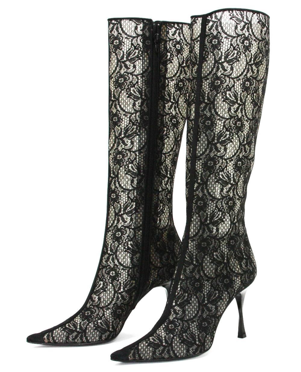 New Casadei Lace Boots
Designer size - 9 B
Color - Black
Lace Upper
Satin Trim
Side Zip Closure
Leather Sole and Insole
Twisted Heel - 3.5 inches
Made in Italy
New with Box.