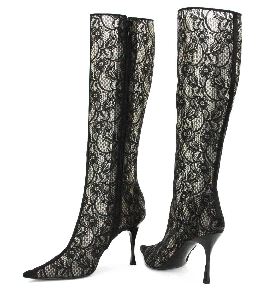 New Casadei Black Lace Twist Heel Boots 9 In New Condition In Montgomery, TX