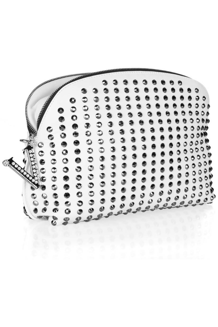 This Versace white nappa leather clutch is embellished with dark-gray diamantes. 

White nappa leather (Lamb)

Dark-gray diamante studs, clear diamante-studded designer charm, chain strap at bottom, silver hardware
Internal pouch pocket
Fully
