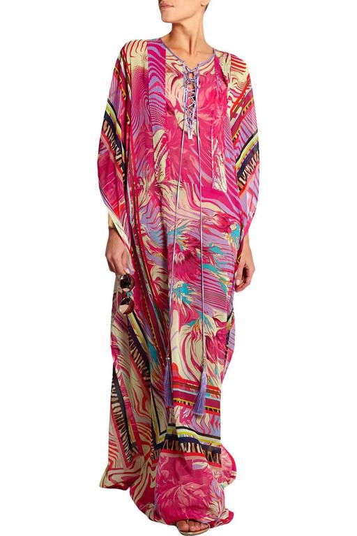 Roberto Cavalli Silk Crepe Printed Caftan Gown Fuchsia 42 NEW at 1stDibs