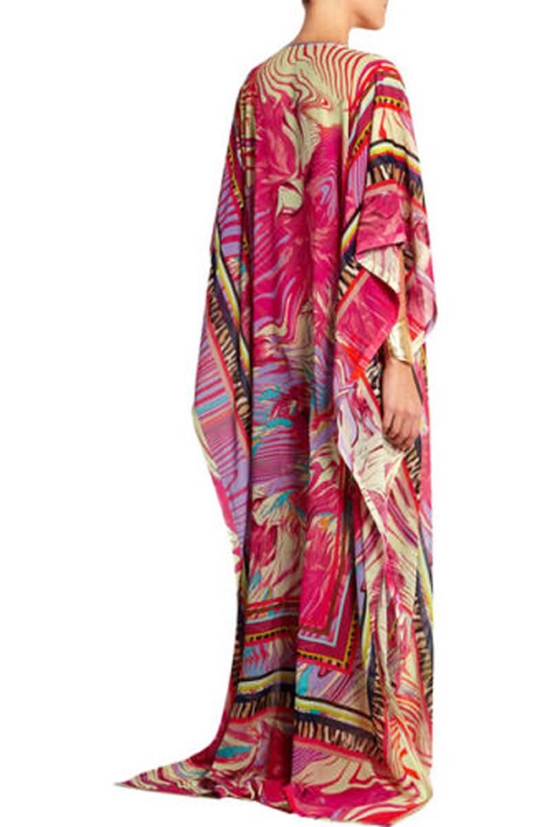 Women's Roberto Cavalli  Silk Crepe Printed Caftan Gown Fuchsia 42 NEW