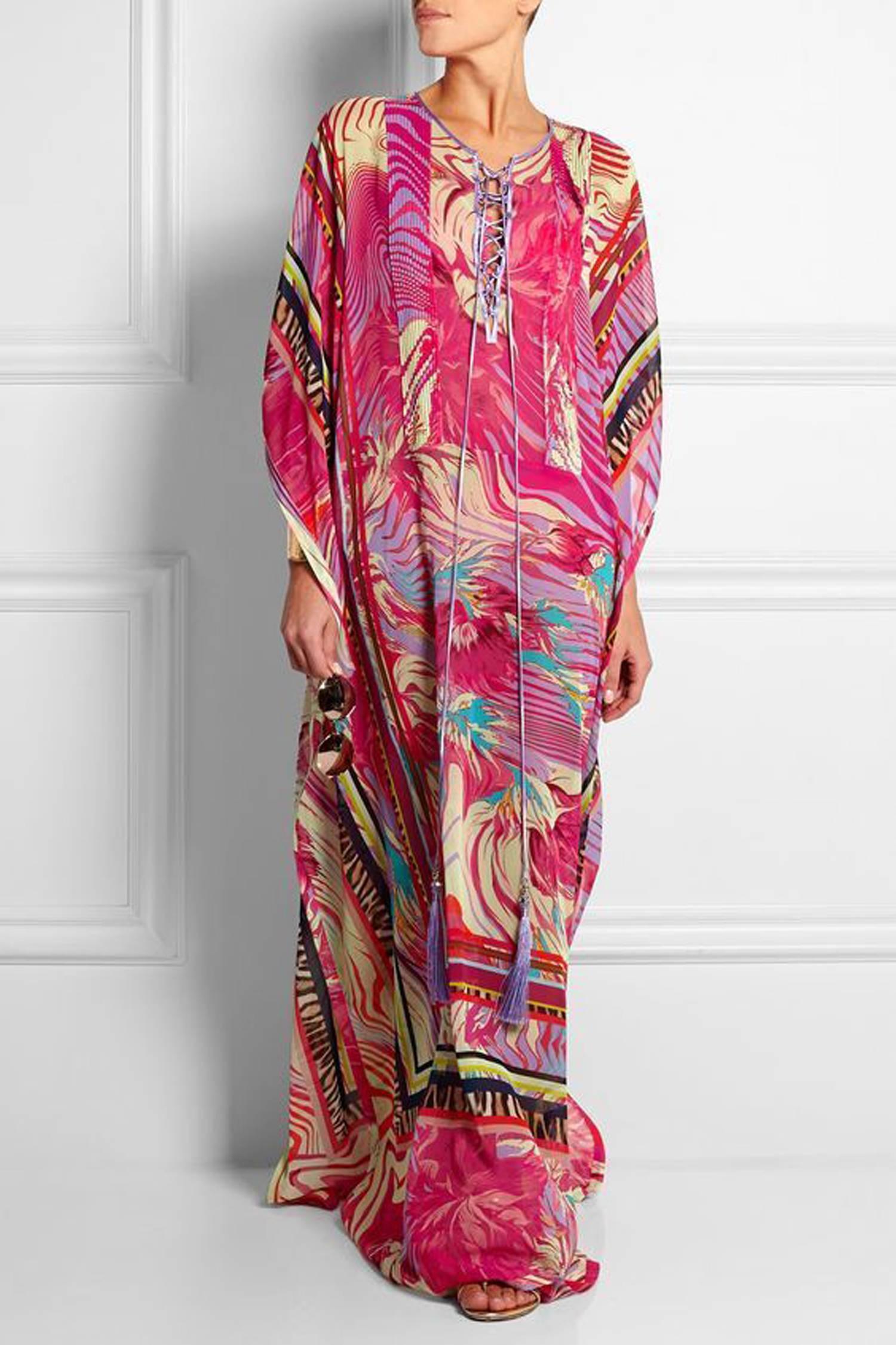 Roberto Cavalli Silk Crepe Printed Caftan Gown Fuchsia 42 NEW at ...