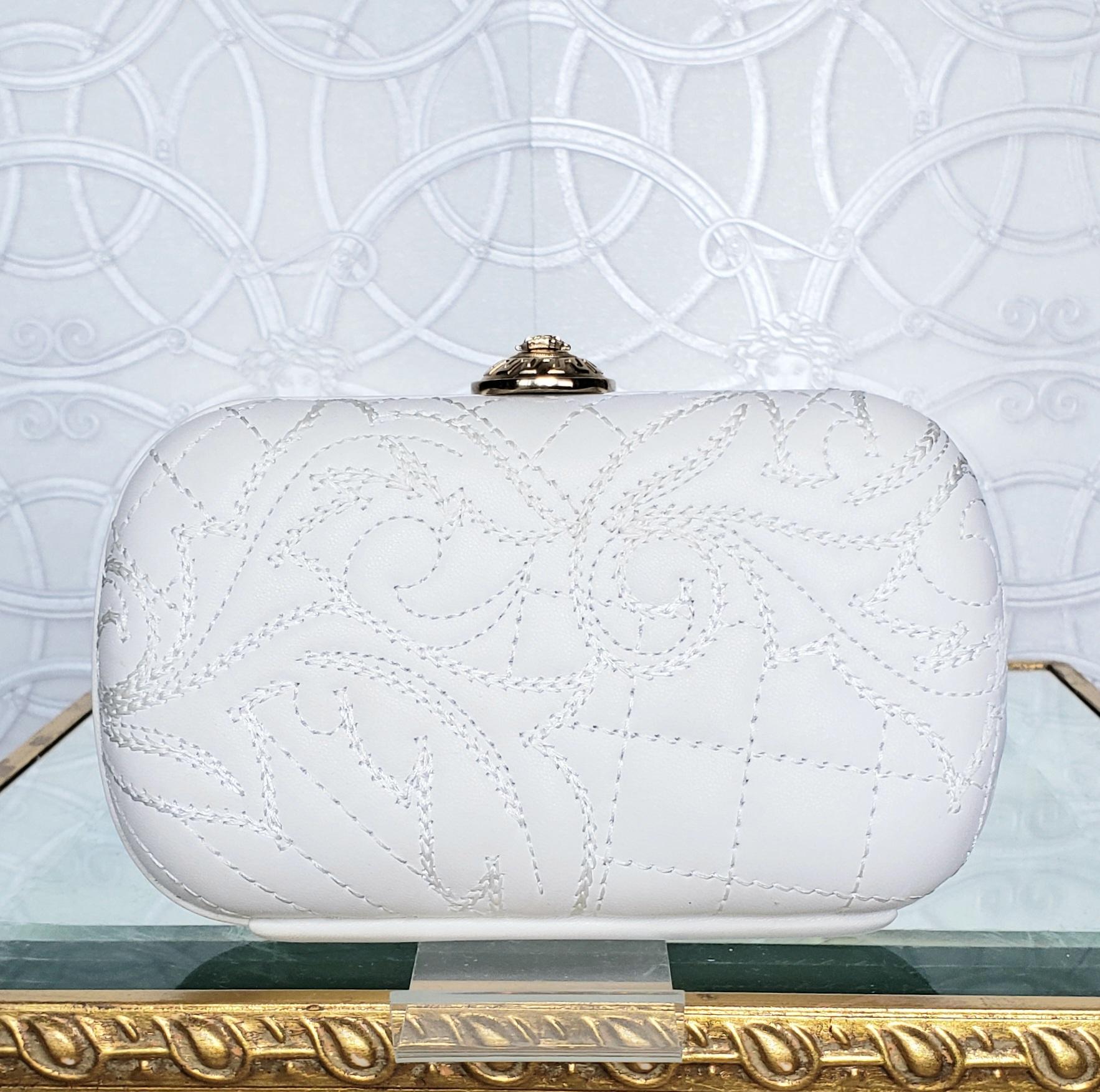 VERSACE White Leather Baroque Embroidered Bag Clutch