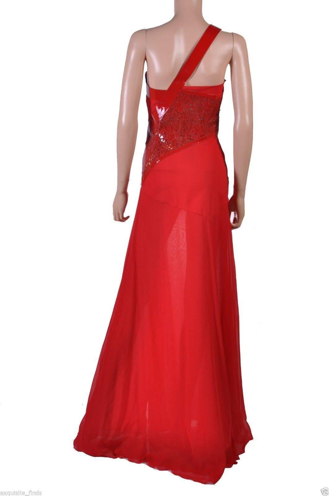 Women's Versace Red Silk Chiffon Gown Dress with Patent Leather 