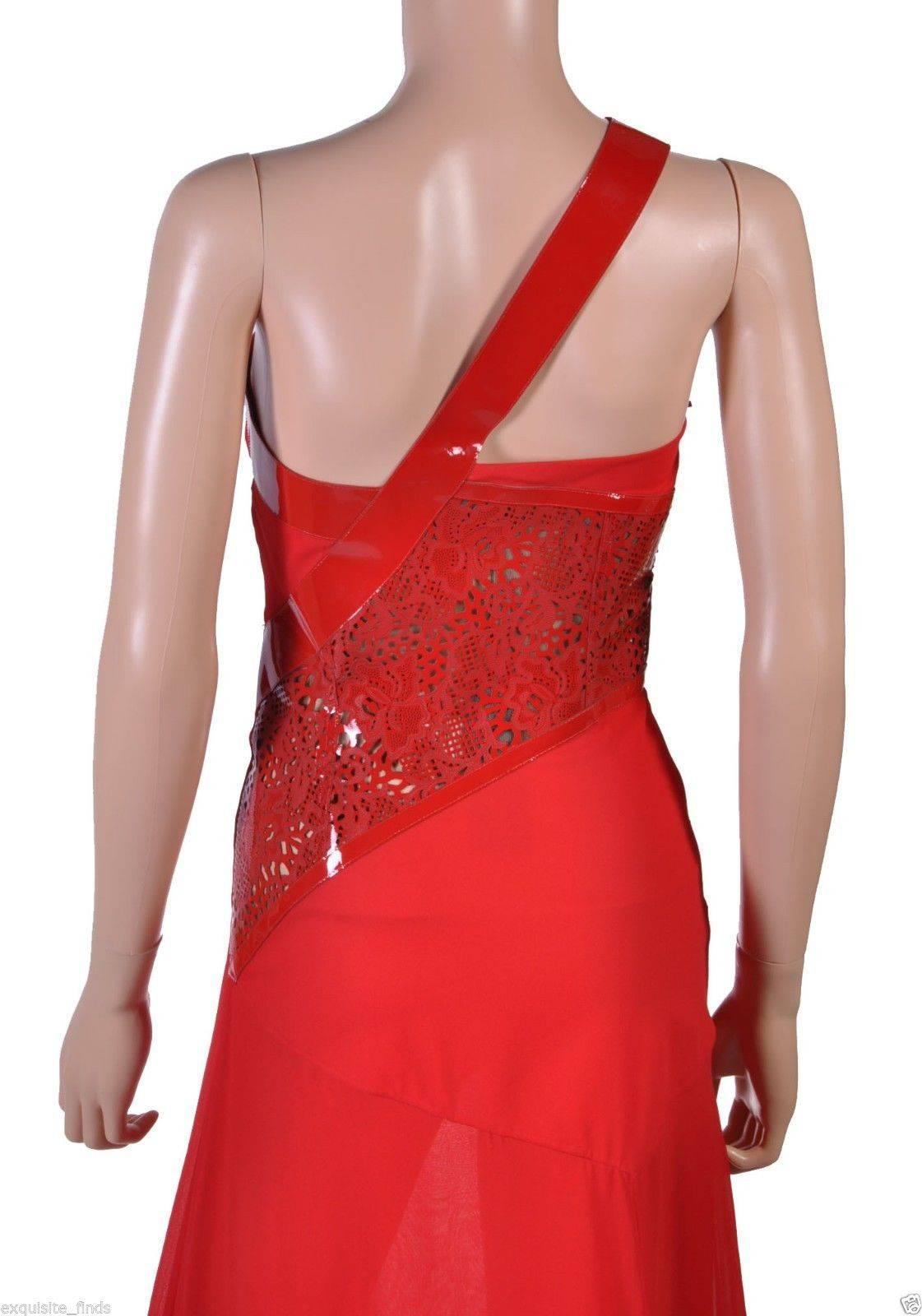 Versace Red Silk Chiffon Gown Dress with Patent Leather  1