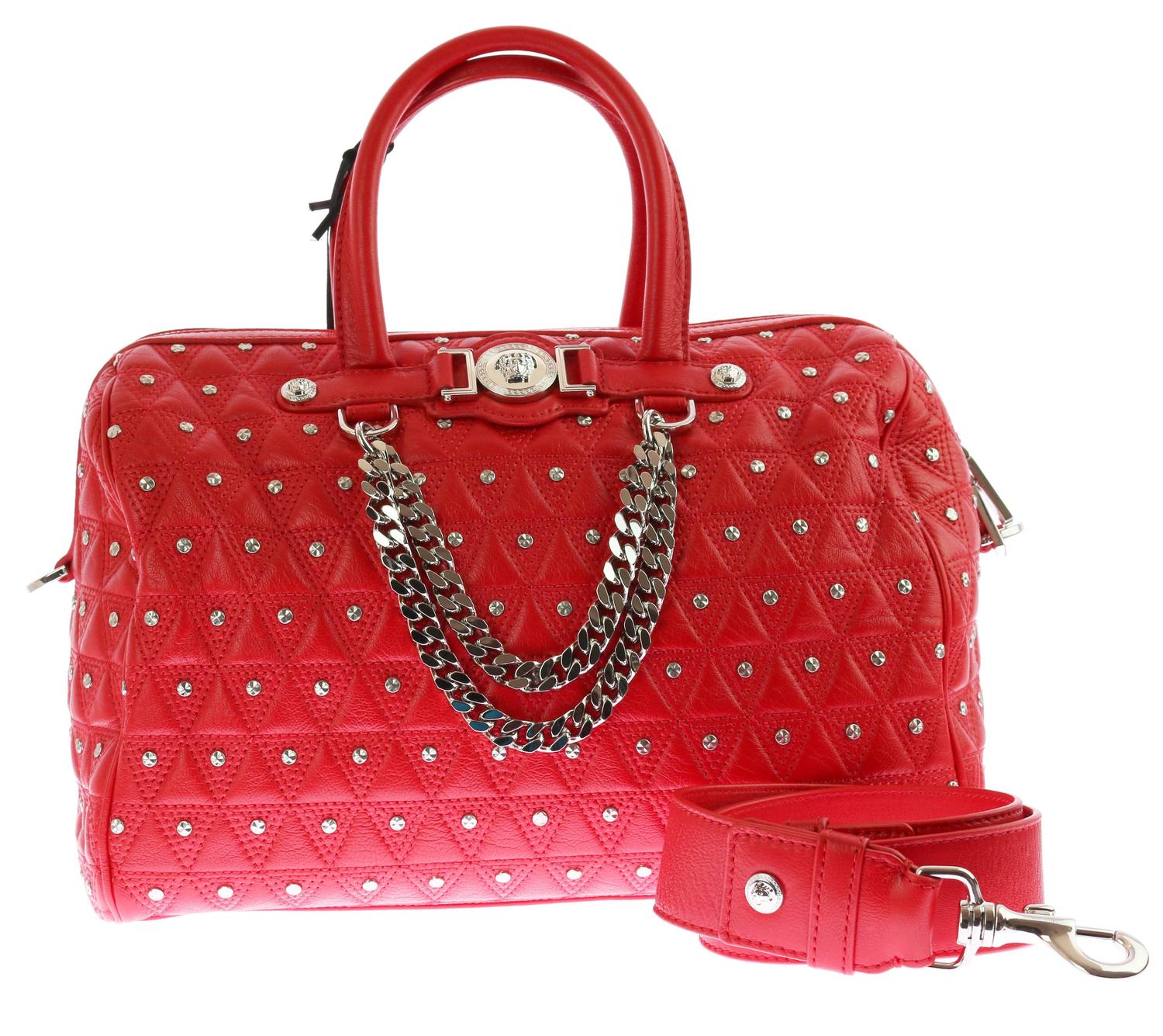 VERSACE &quot;Signature&quot; Studded Red Leather Duffle Bag For Sale at 1stdibs