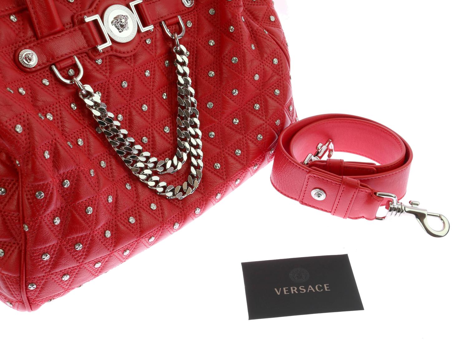 VERSACE "Signature" Studded Red Leather Duffle Bag For Sale at 1stdibs