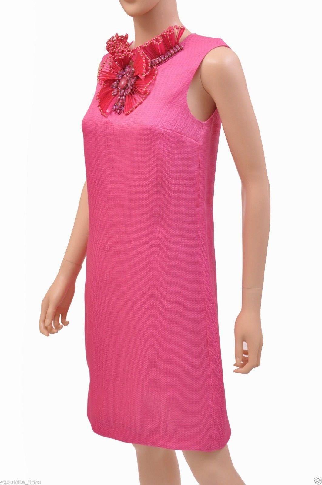 Women's New GUCCI HOT PINK RAFFIA DRESS with FLORAL EMBROIDERY