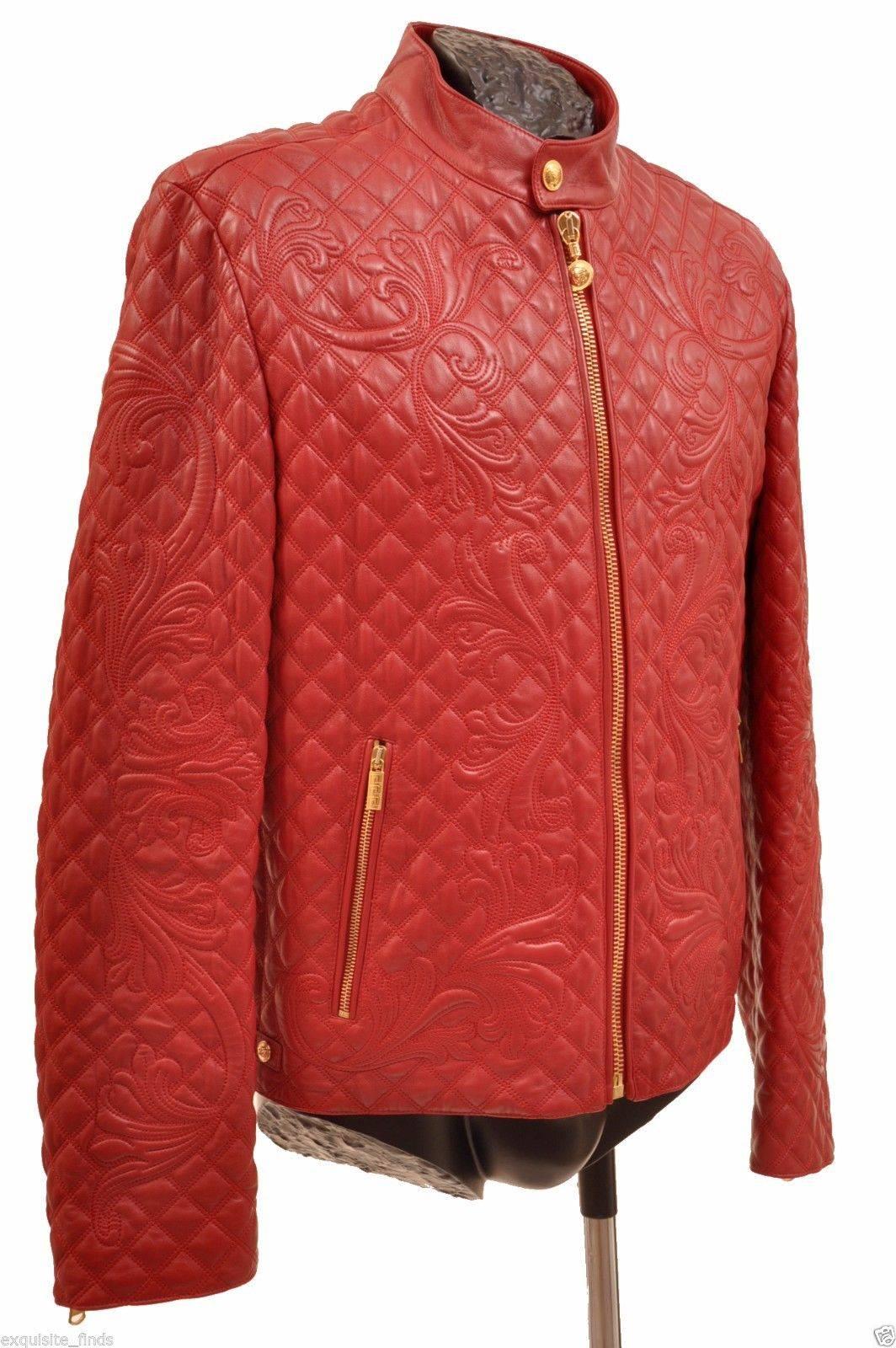 Men's New VERSACE BAROCCO EMBROIDERED LEATHER BIKER MOTO JACKET