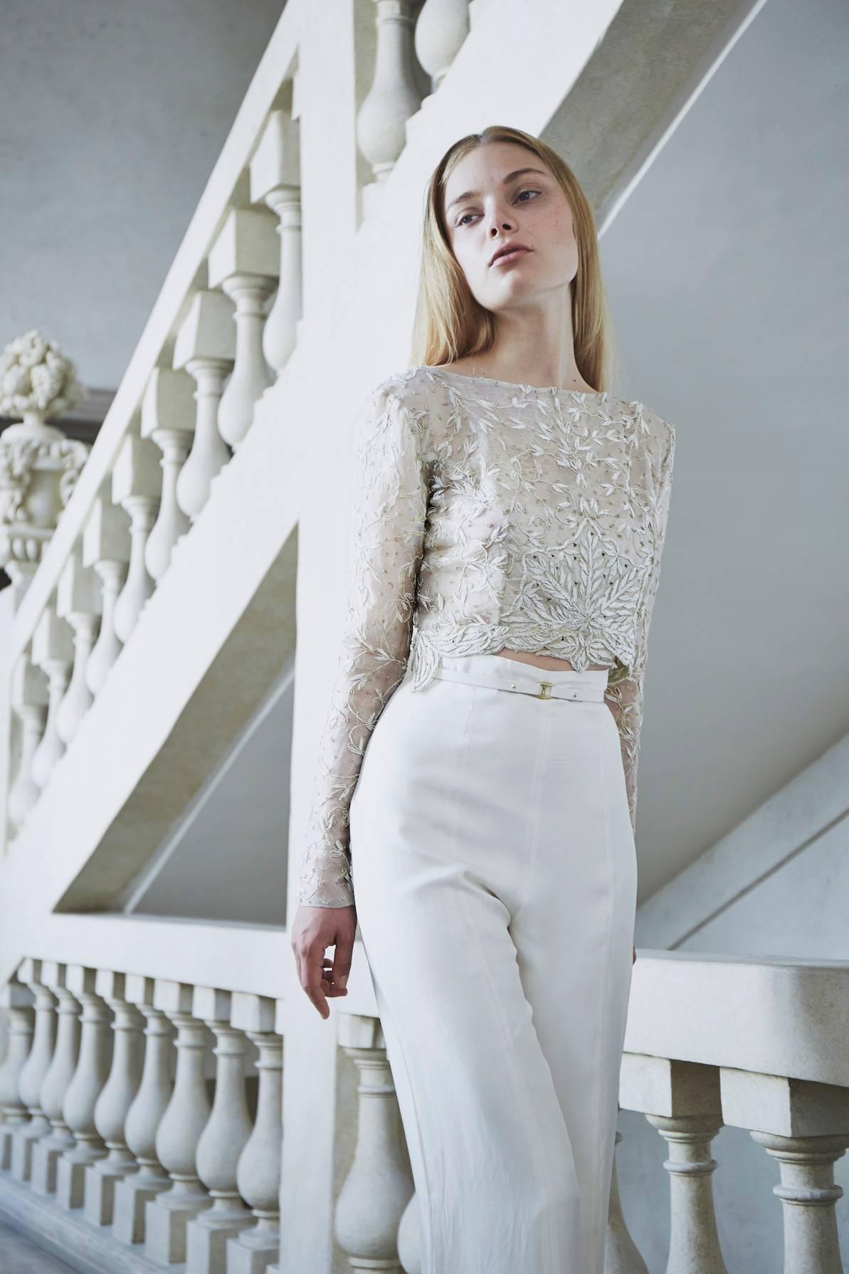 Gray SarahNeuhard Metal Embroidered Top with Silk Trousers 
