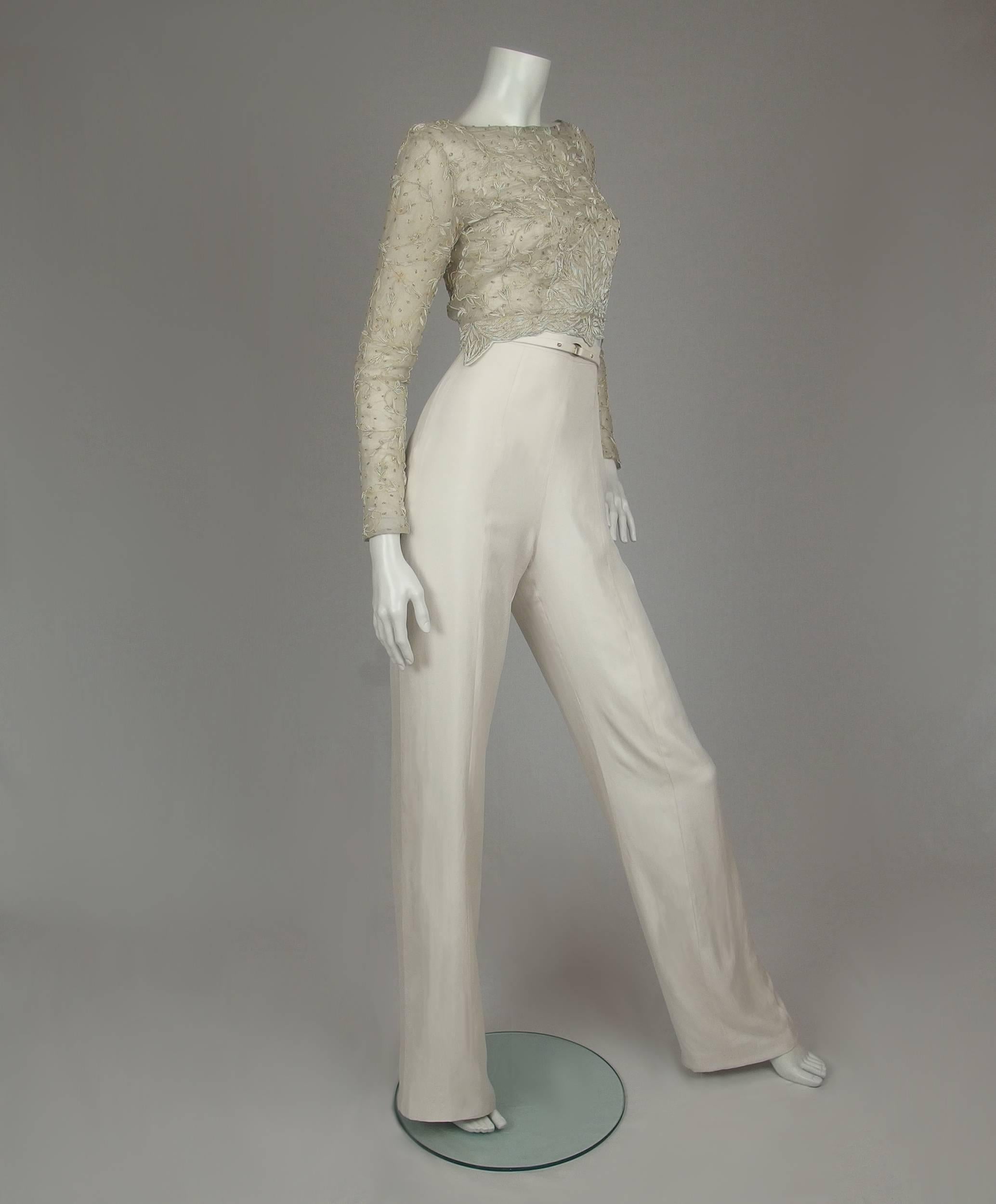 SarahNeuhard Metal Embroidered Top with Silk Trousers  In New Condition In Montgomery, TX