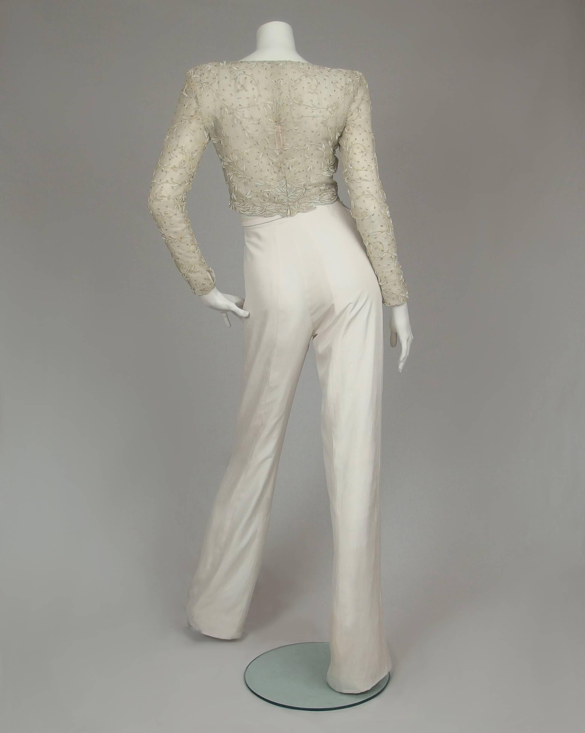 SarahNeuhard Metal Embroidered Top with Silk Trousers  1