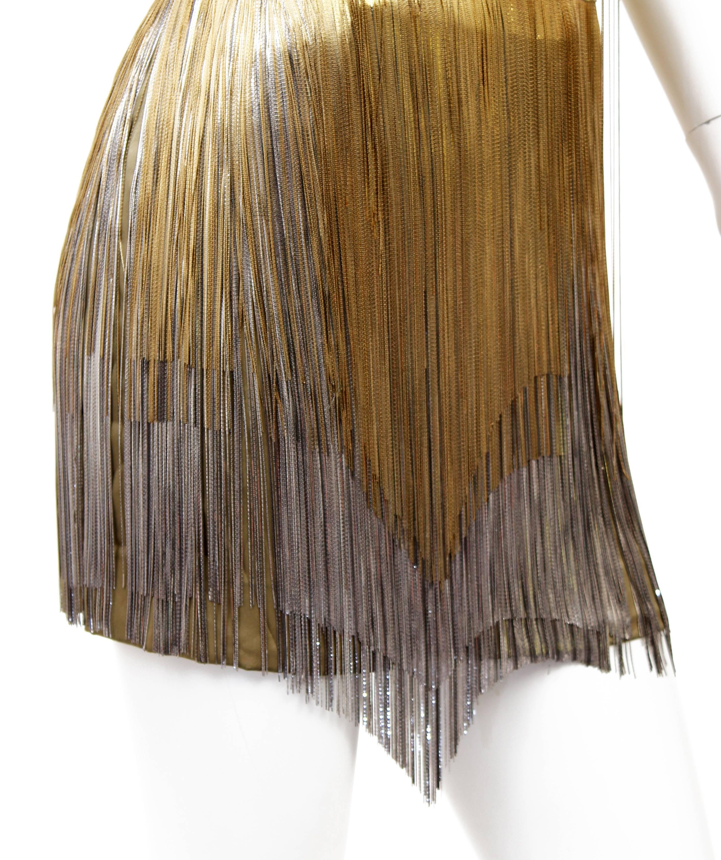 Versace Atelier Gold Metal Fringe Tie Dyed Gabardine Dress Sz 38 In Good Condition For Sale In Montgomery, TX