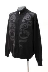 VERSACE BLACK KNIT WOOL CARDIGAN SWEATER w/ BAROCCO LEATHER APPLIQUE