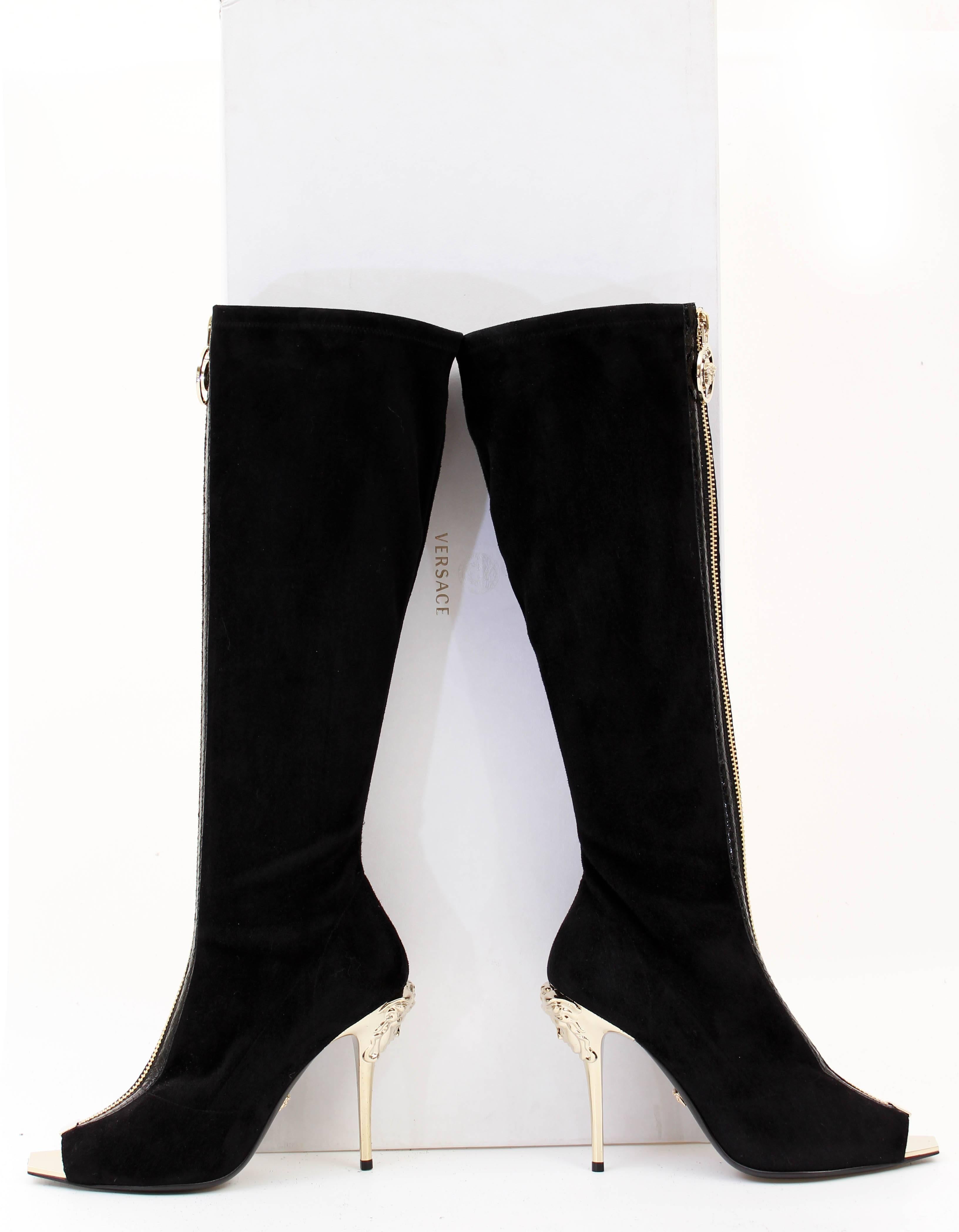 Women's New VERSACE Knee High Black Suede Boots with gold Medusa heel and open toe