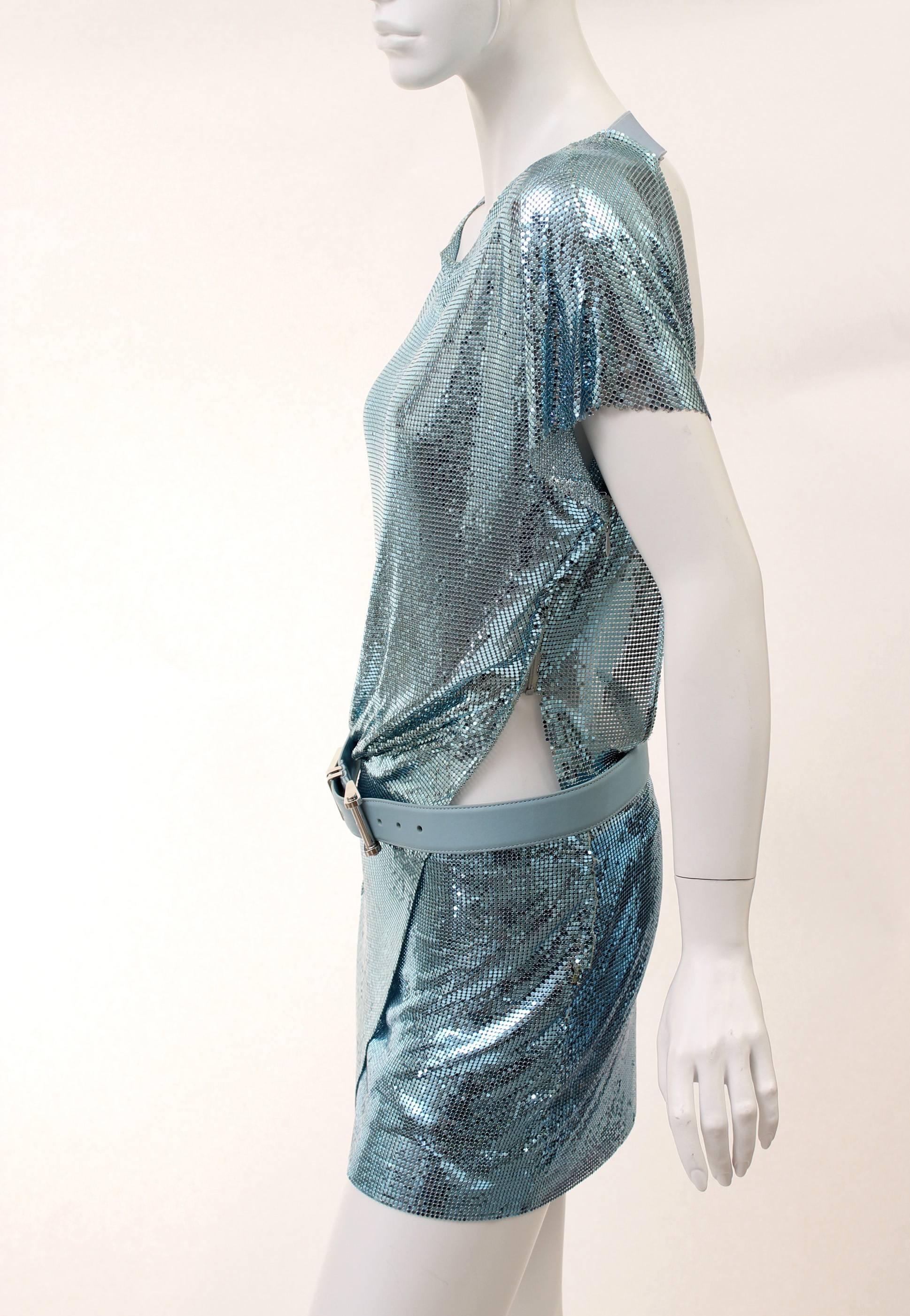 New Versace Blue Metal Mesh Dress with Belt In New Condition In Montgomery, TX