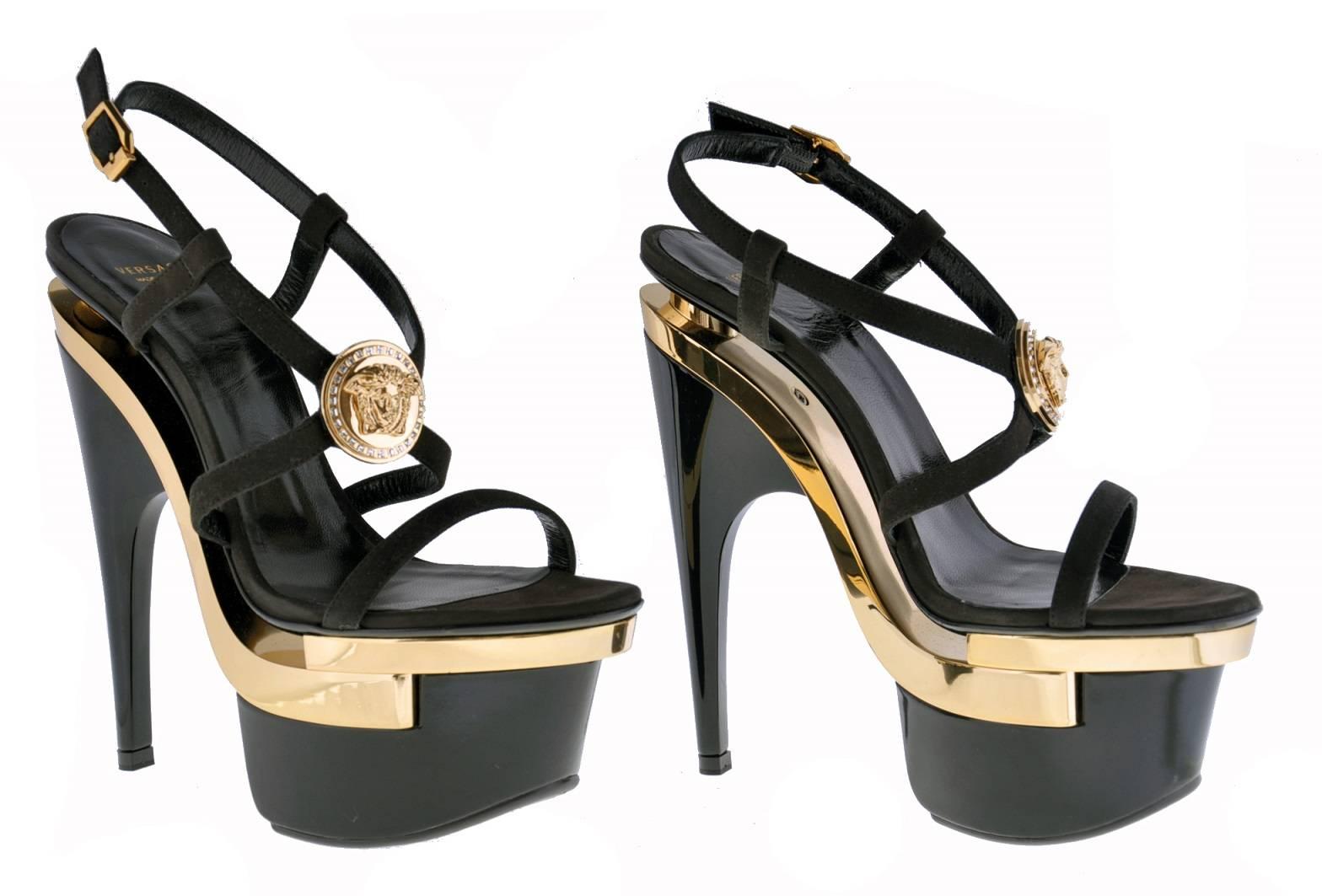 VERSACE Triple Platform Black Gold Medusa Swarovski Crystals Sandals  In New Condition For Sale In Montgomery, TX