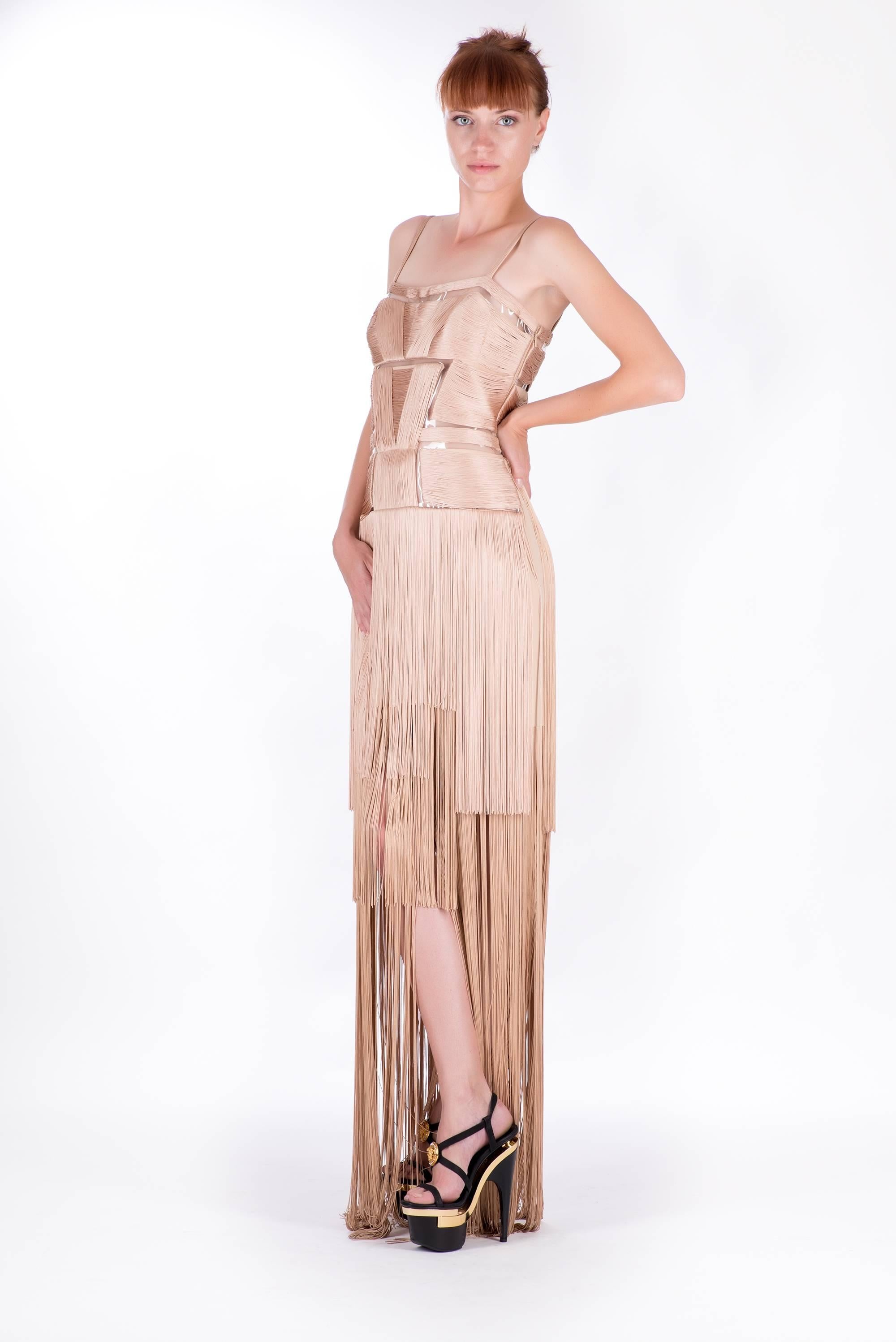 Beige Versace Nude Fringe Gown as seen on Donatella Sz 38 For Sale