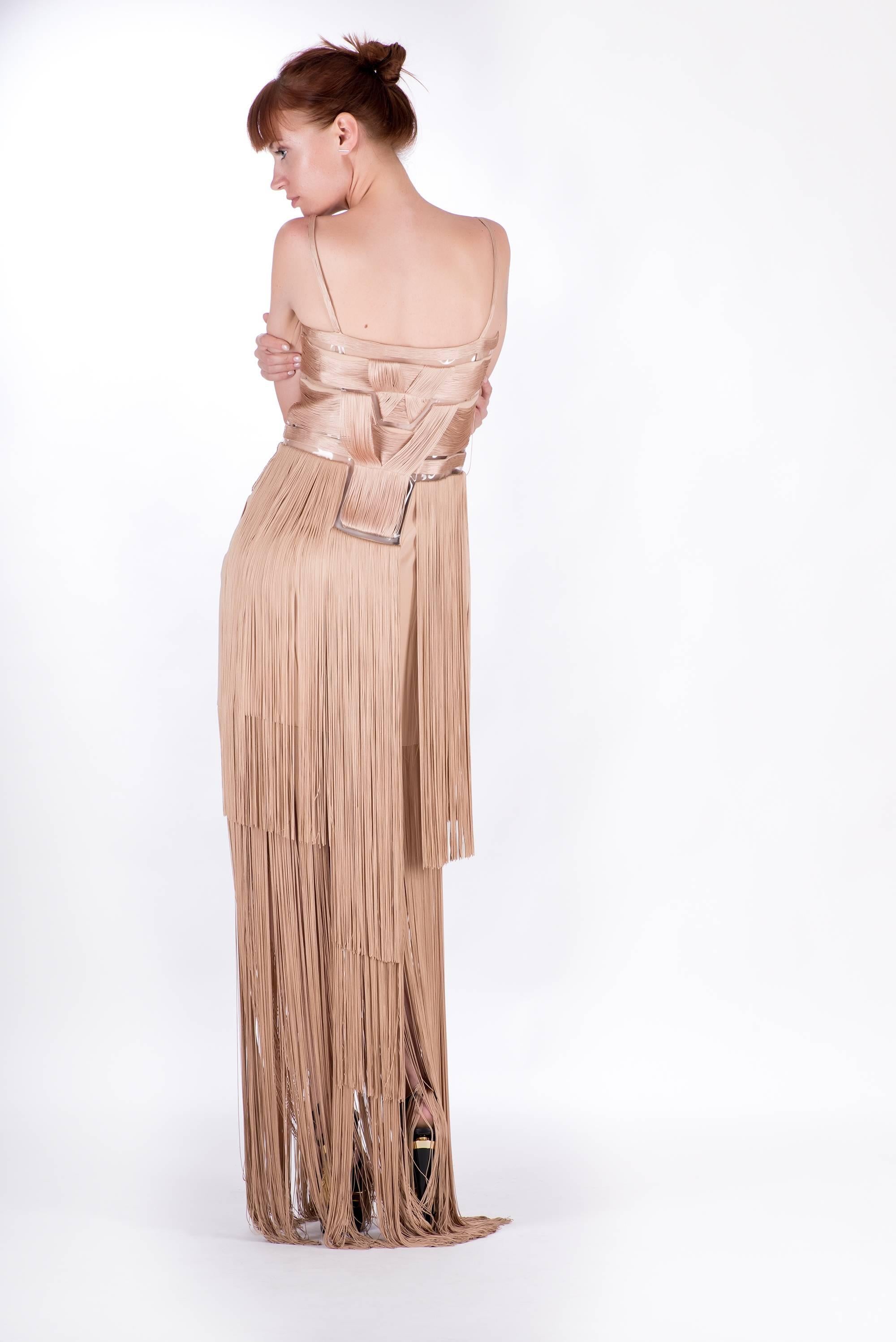 Women's Versace Nude Fringe Gown as seen on Donatella Sz 38 For Sale